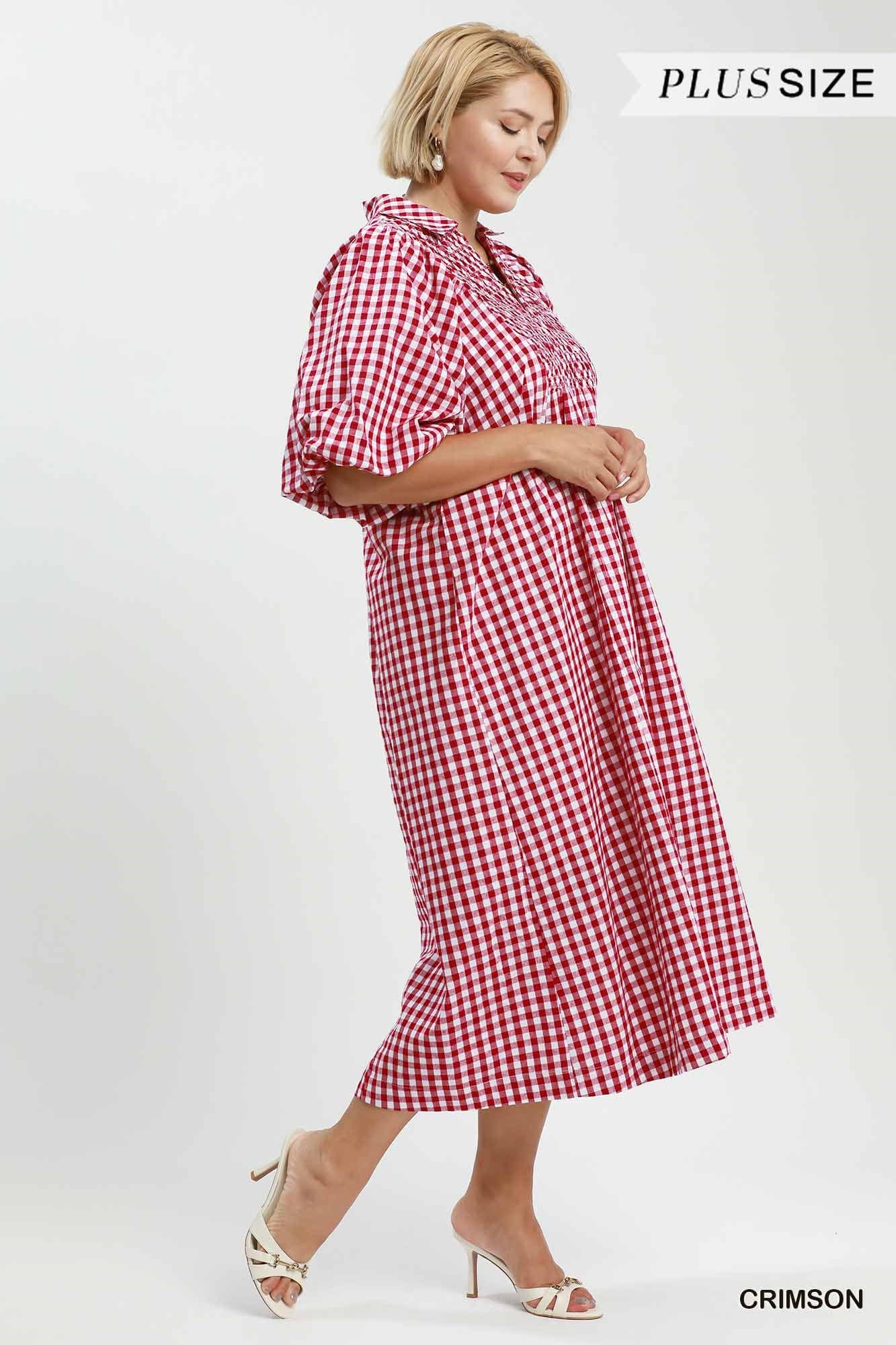 Puff Sleeve Plaid Midi Dress (PLUS)