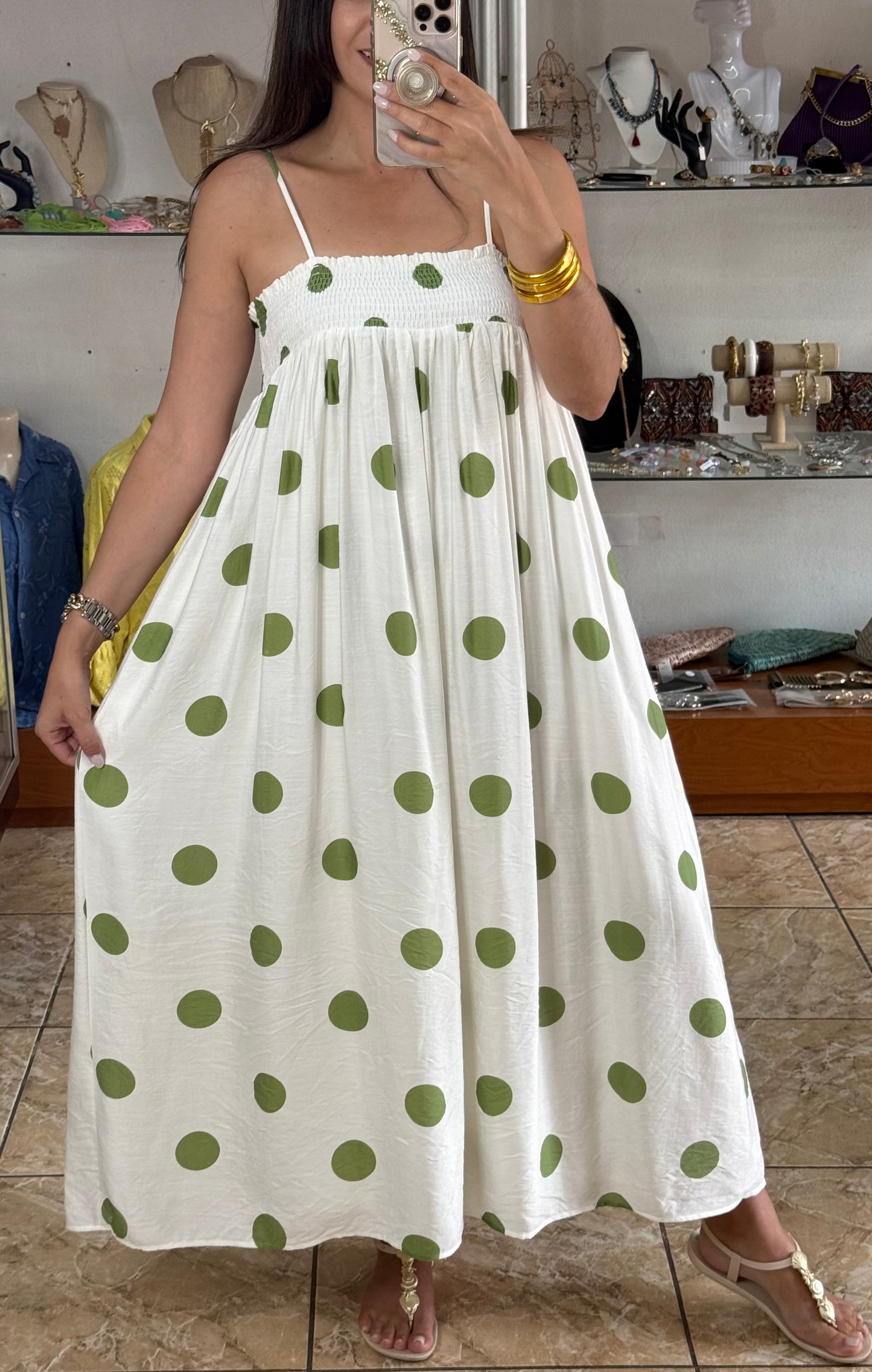 Cream/Green Polkadot Dress