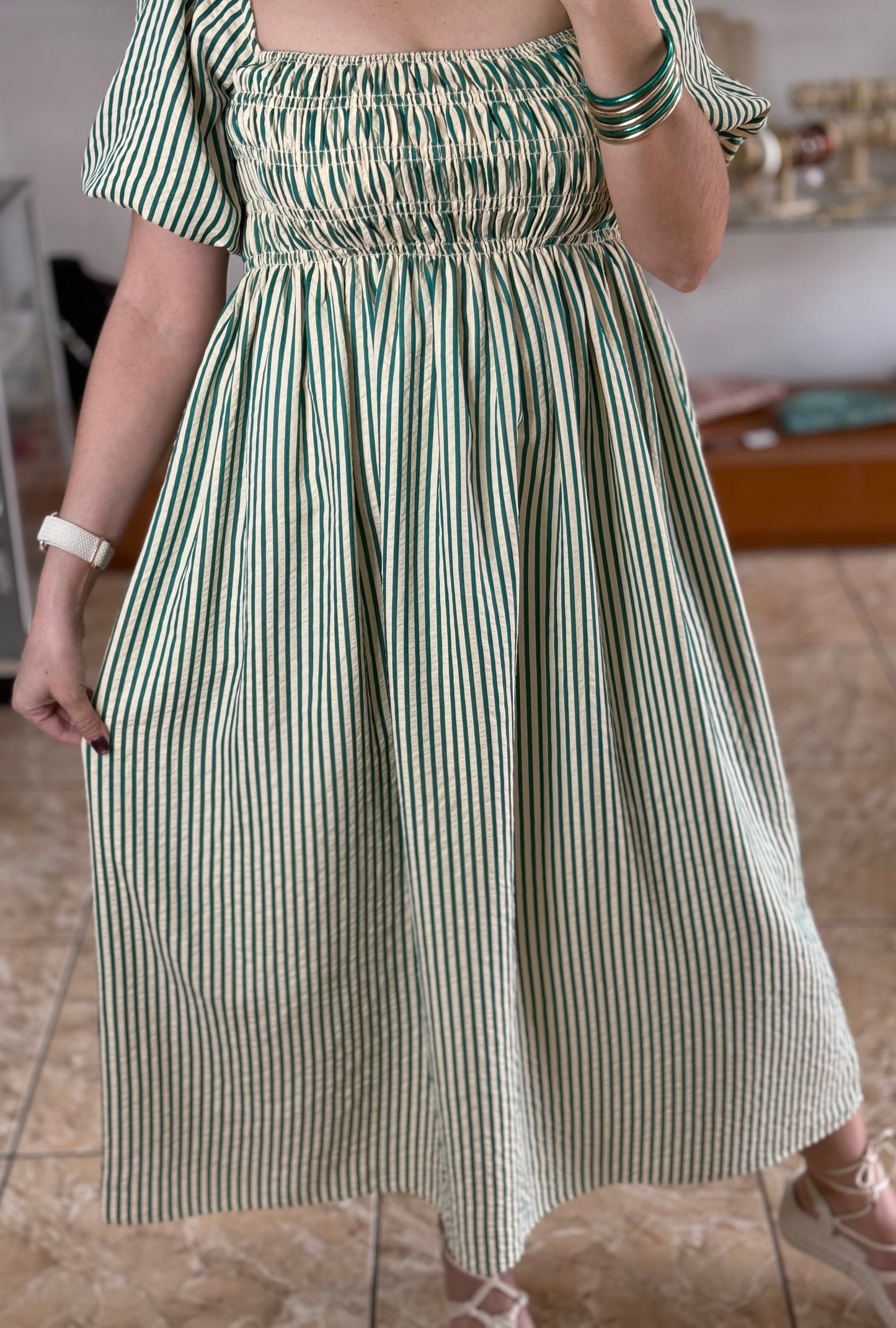 Green Stripes Square Neck Midi Dress