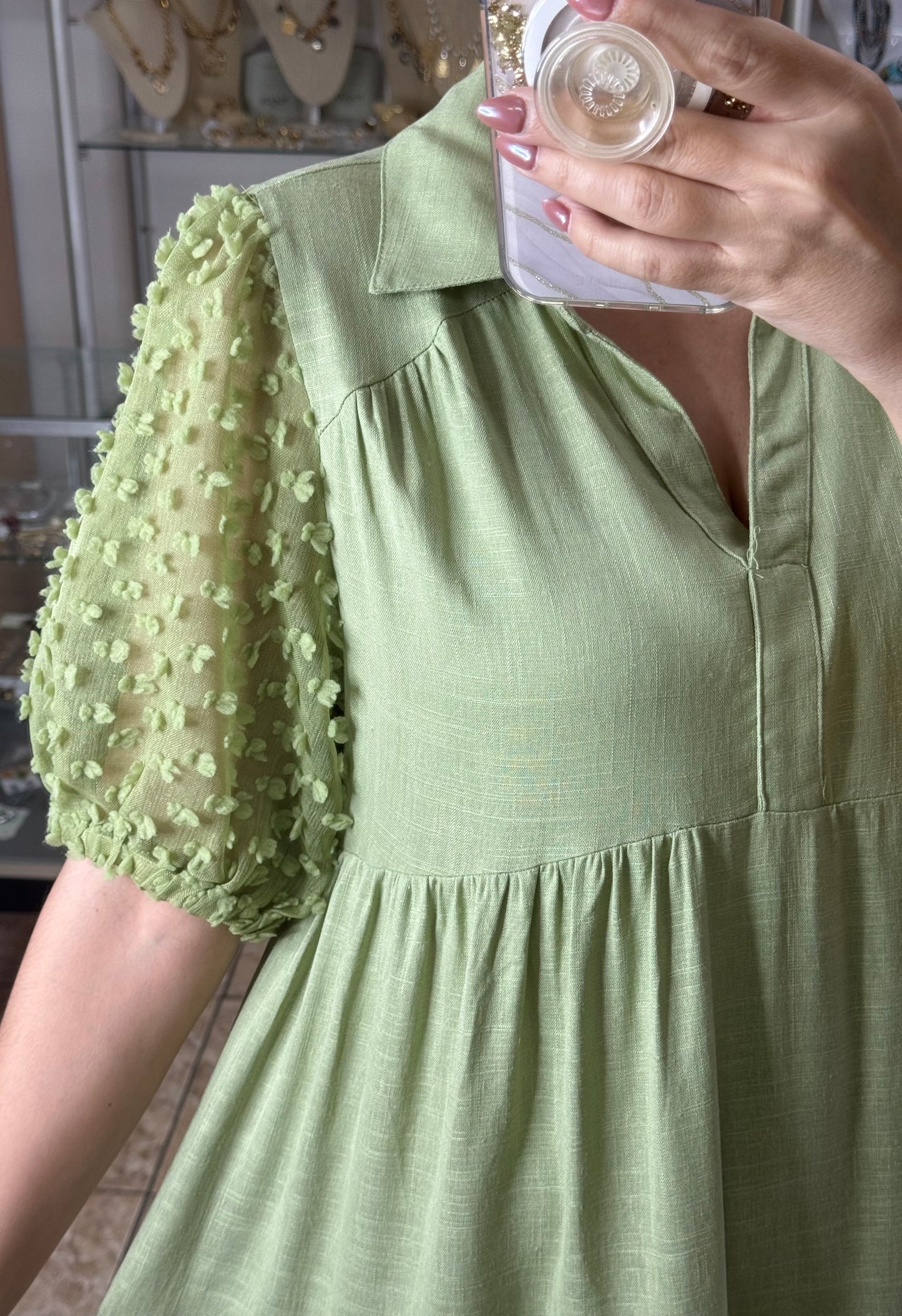 Green Linen Blend Midi Dress