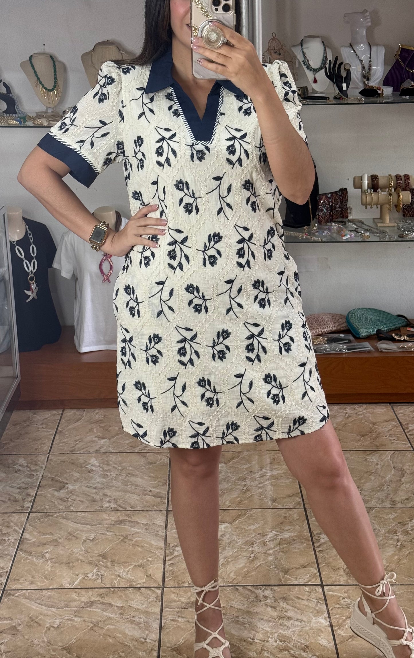 Cream/Navy Embroidered Dress (Reg & Plus)