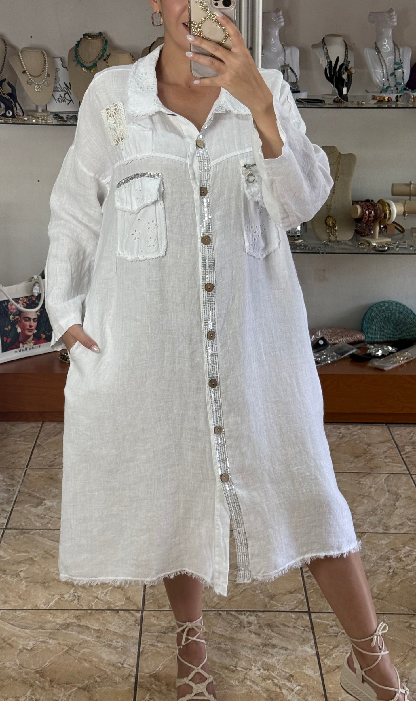 Long Sleeves OS Linen Midi Dress (NO RETURNS OR EXCHANGE)