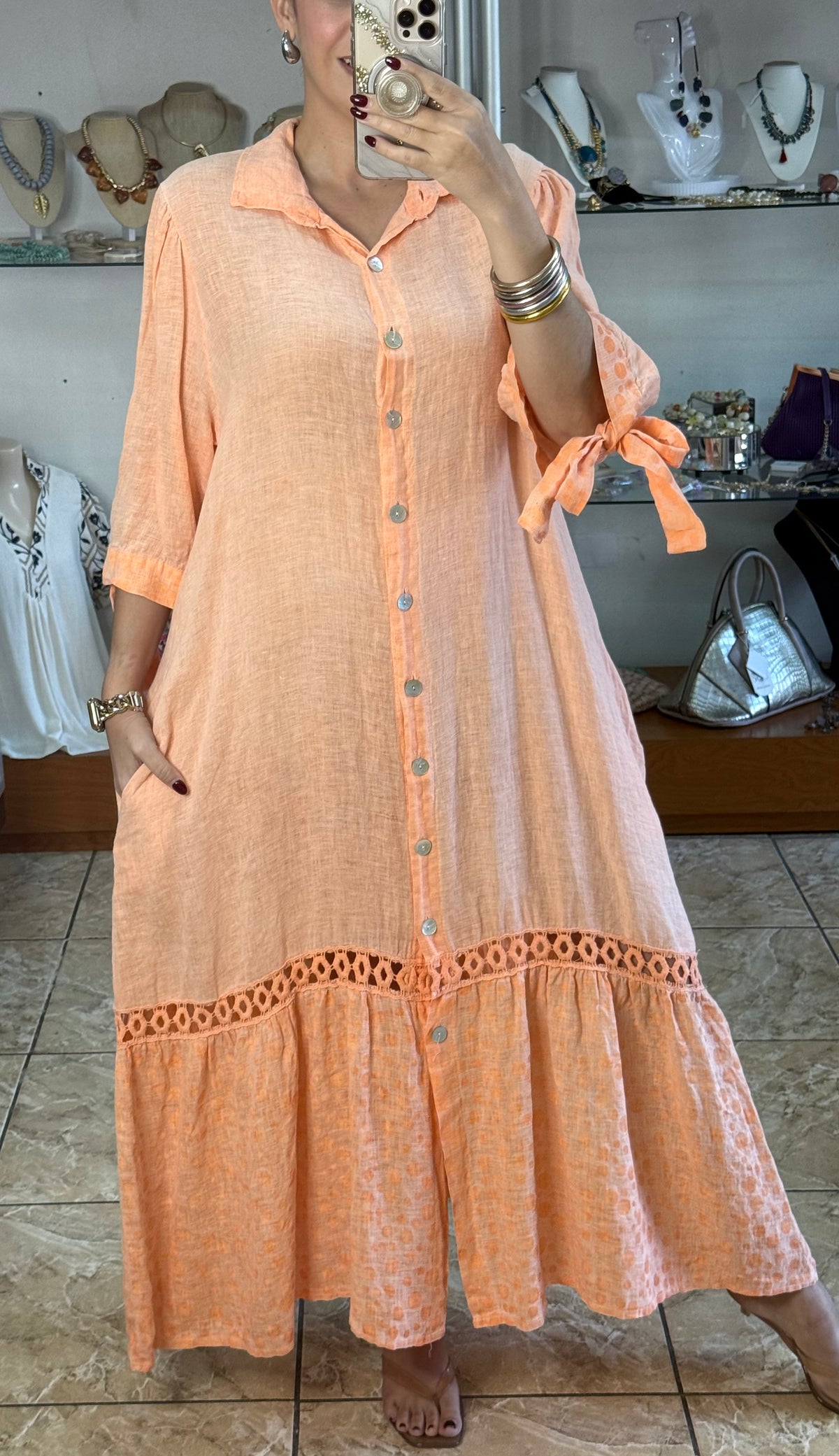 OS Linen/Polka Button Down Maxi Dress (NO RETURNS OR EXCHANGE)