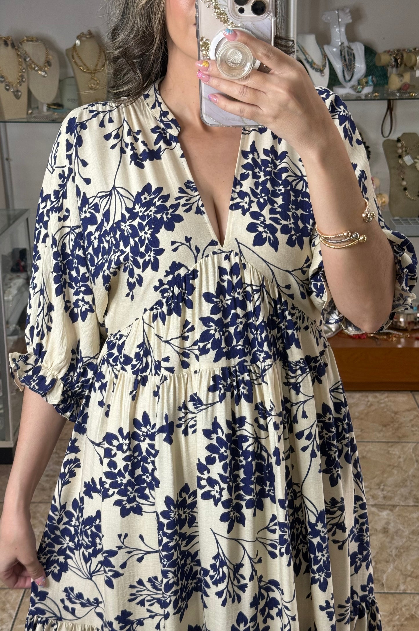 Cream/Navy Floral Maxi Dress