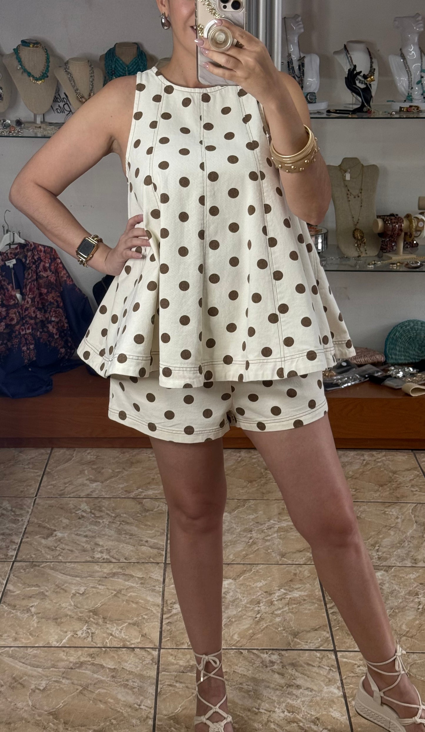Sleeveless Top & Short Polkadot Denim Set
