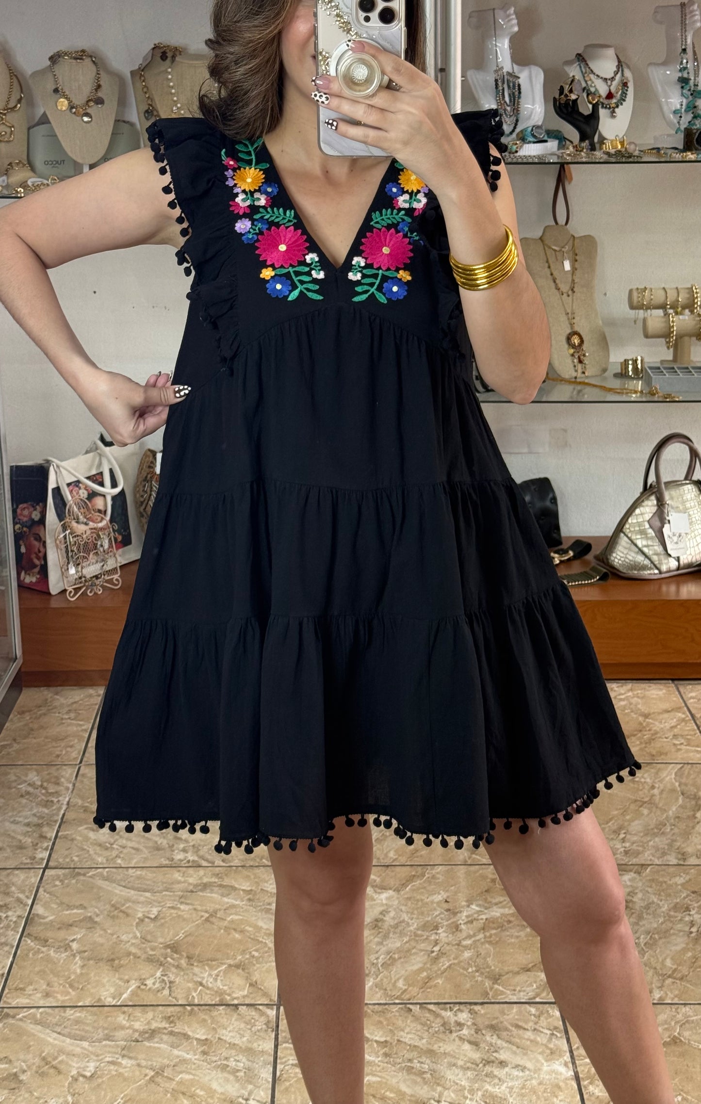 Black Floral Embroidered Doll Dress