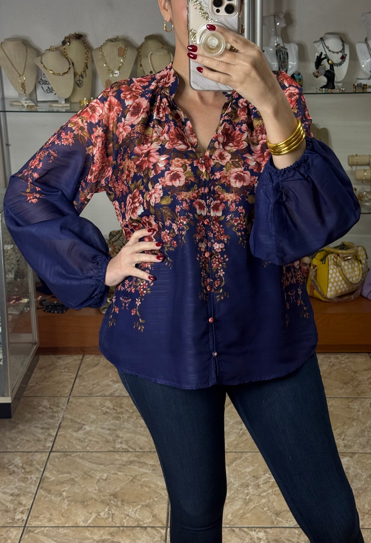 Navy Floral Button Down Top
