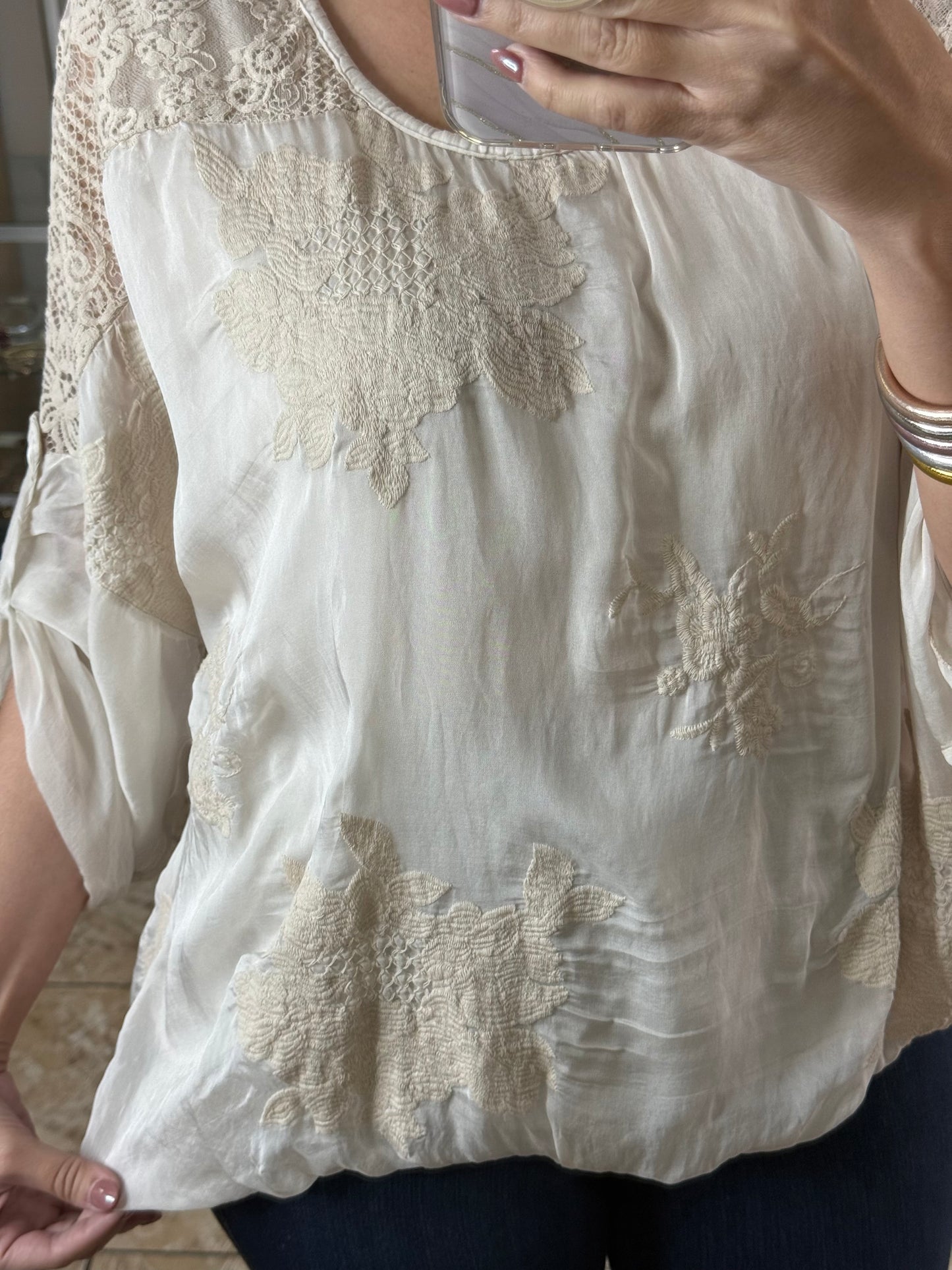 Cream Embroidered Silk OS Top (FINAL SALE)