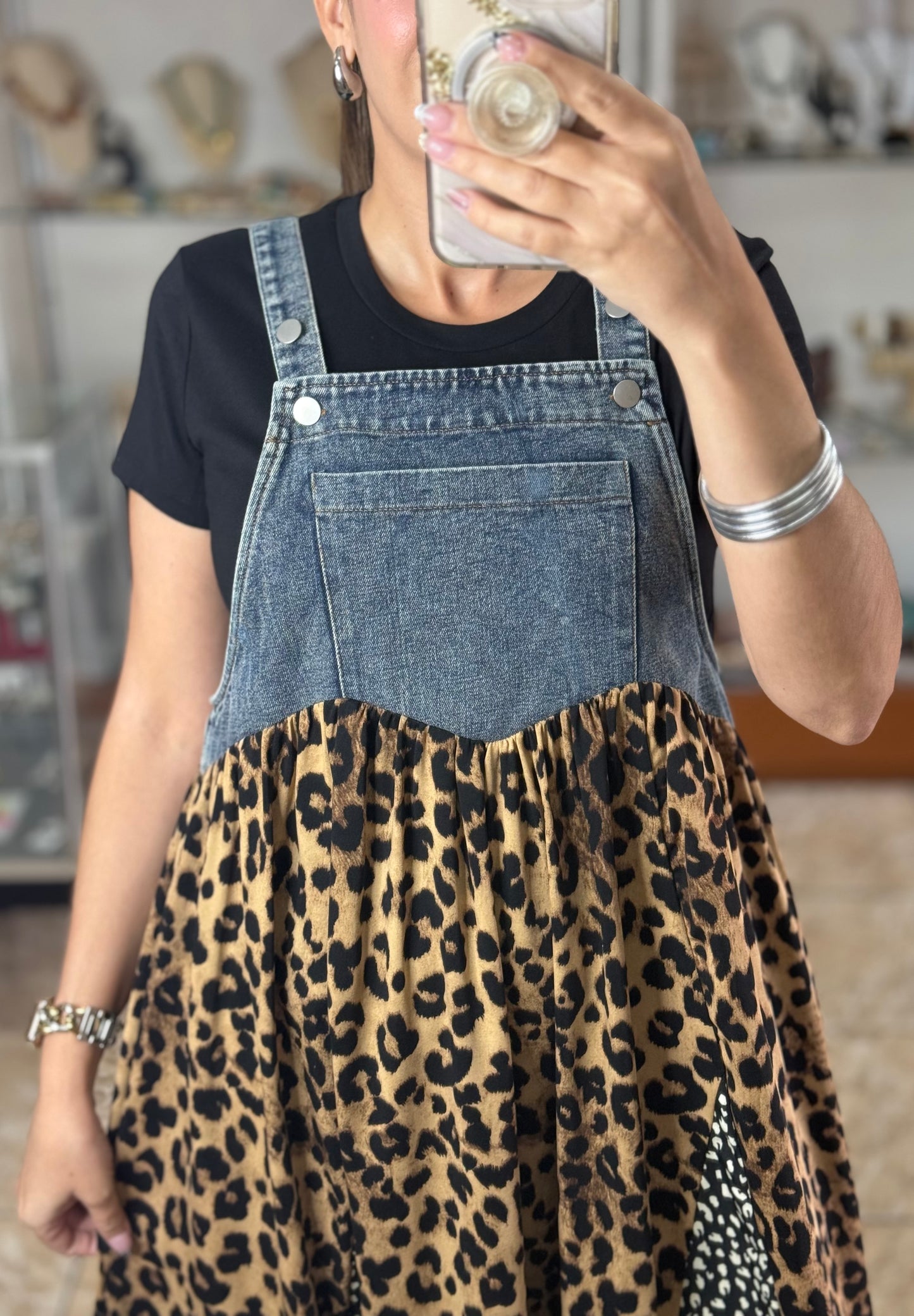 Denim Leopard Overall Dress (Top Sold Separately) Reg & Plus