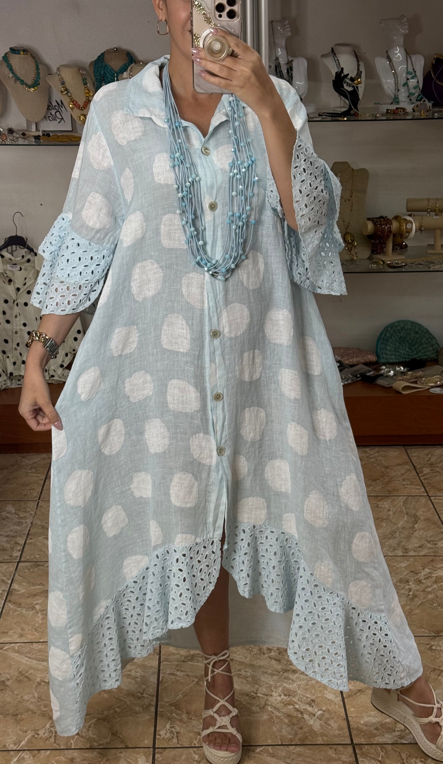Polkadots/Eyelet OS Linen Maxi Dress (NO RETURNS OR EXCHANGE)