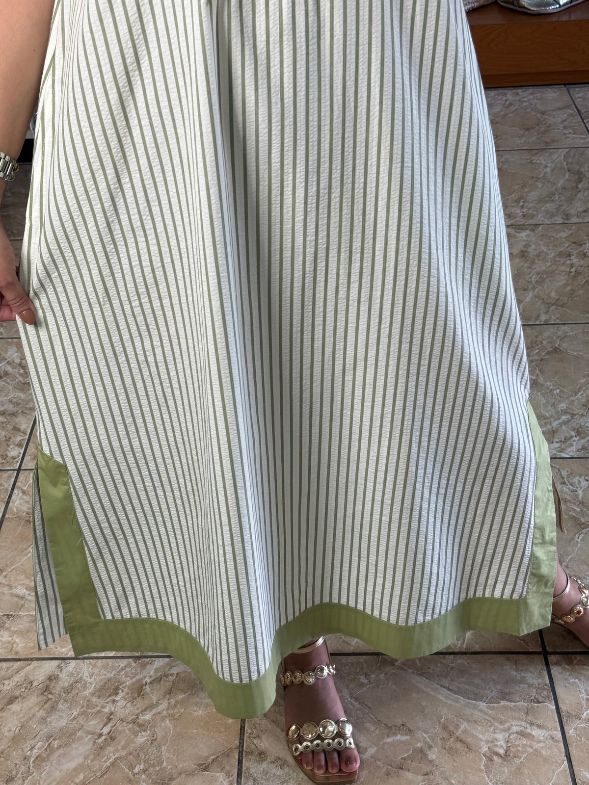Sage Stripes Embroidered Midi Dress