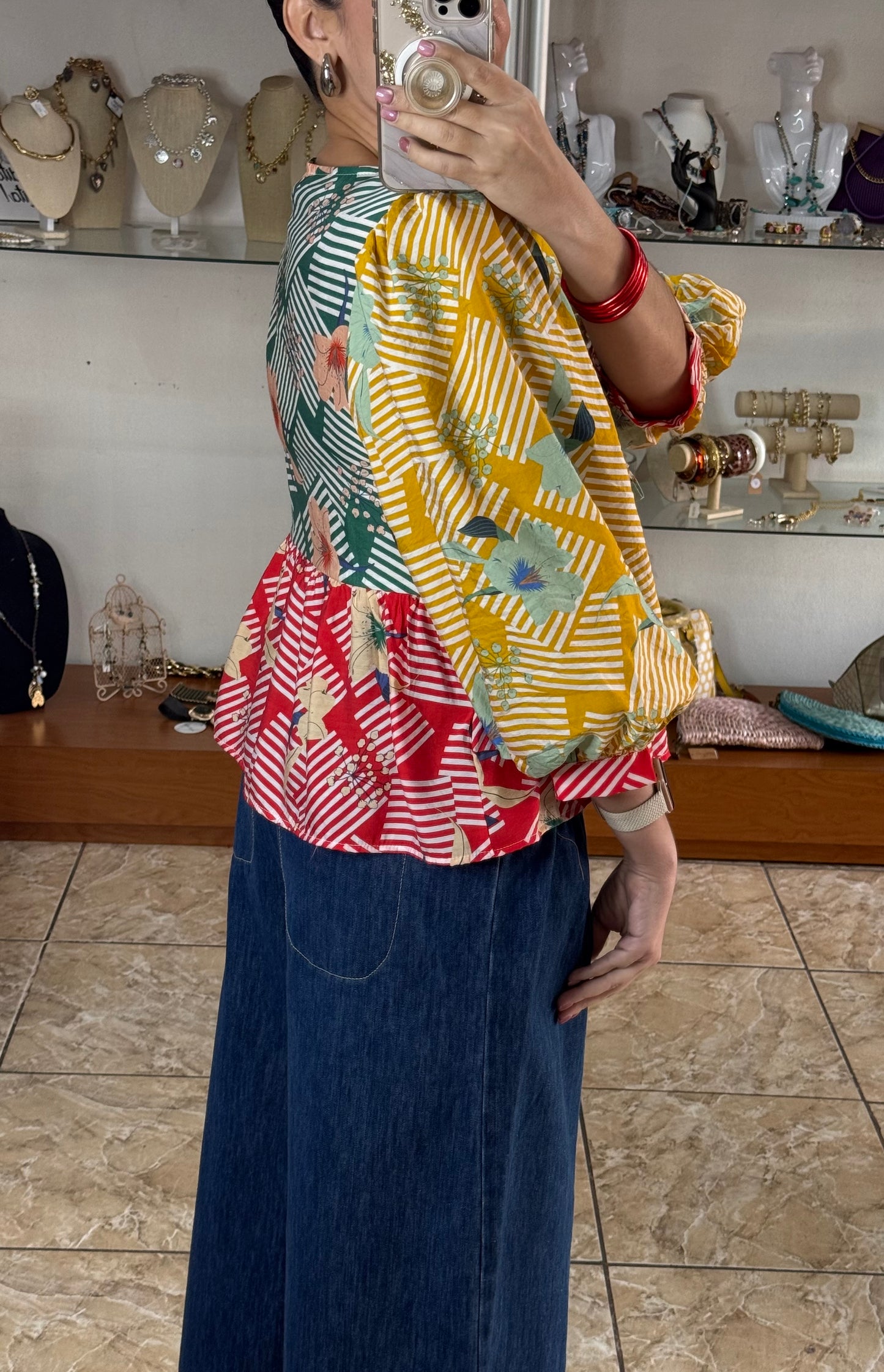 Long Sleeves Multicolor Peplum Top