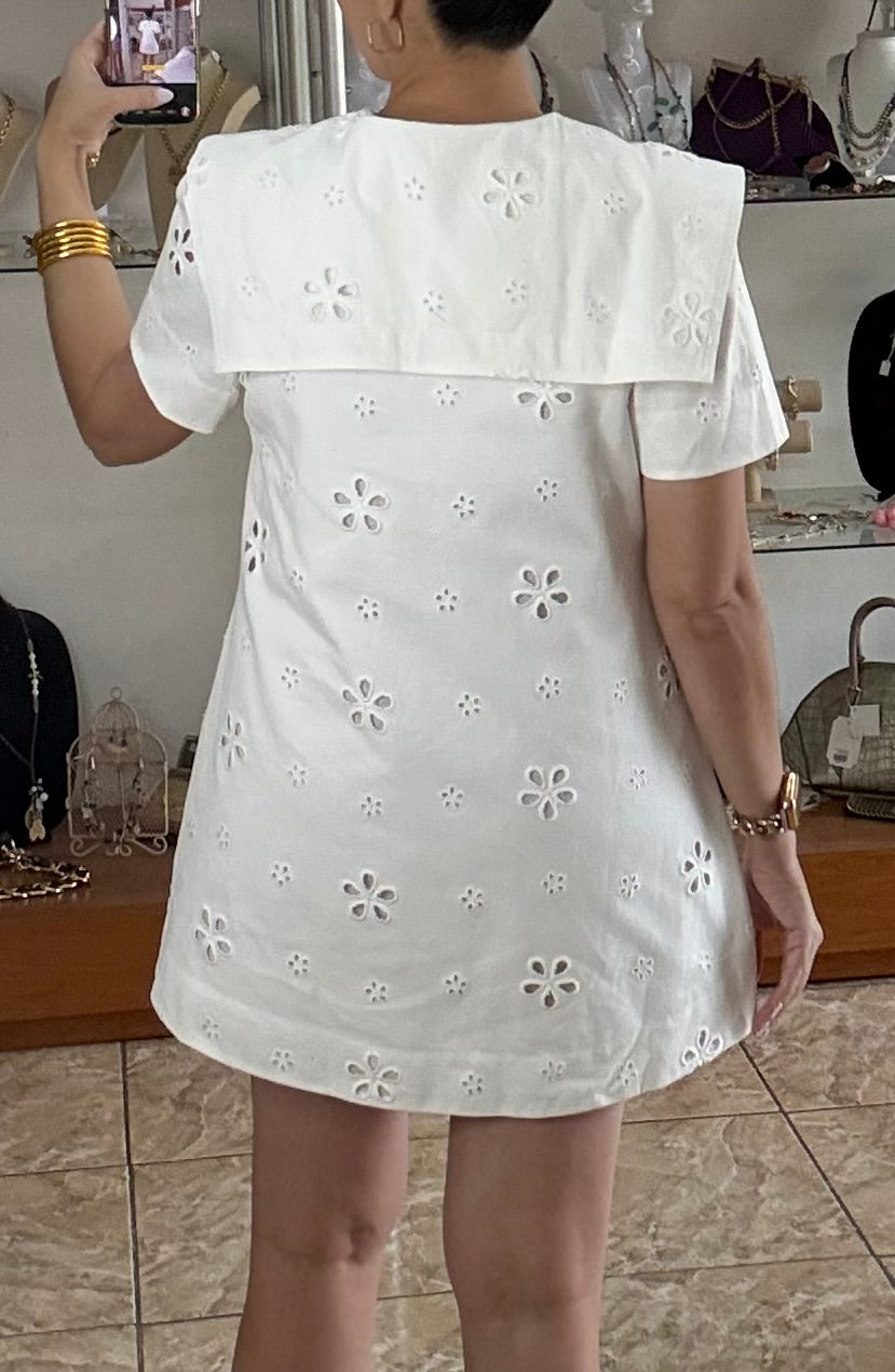 Off White Front Bow Eyelet Mini Dress (NO RETURNS OR EXCHANGE)