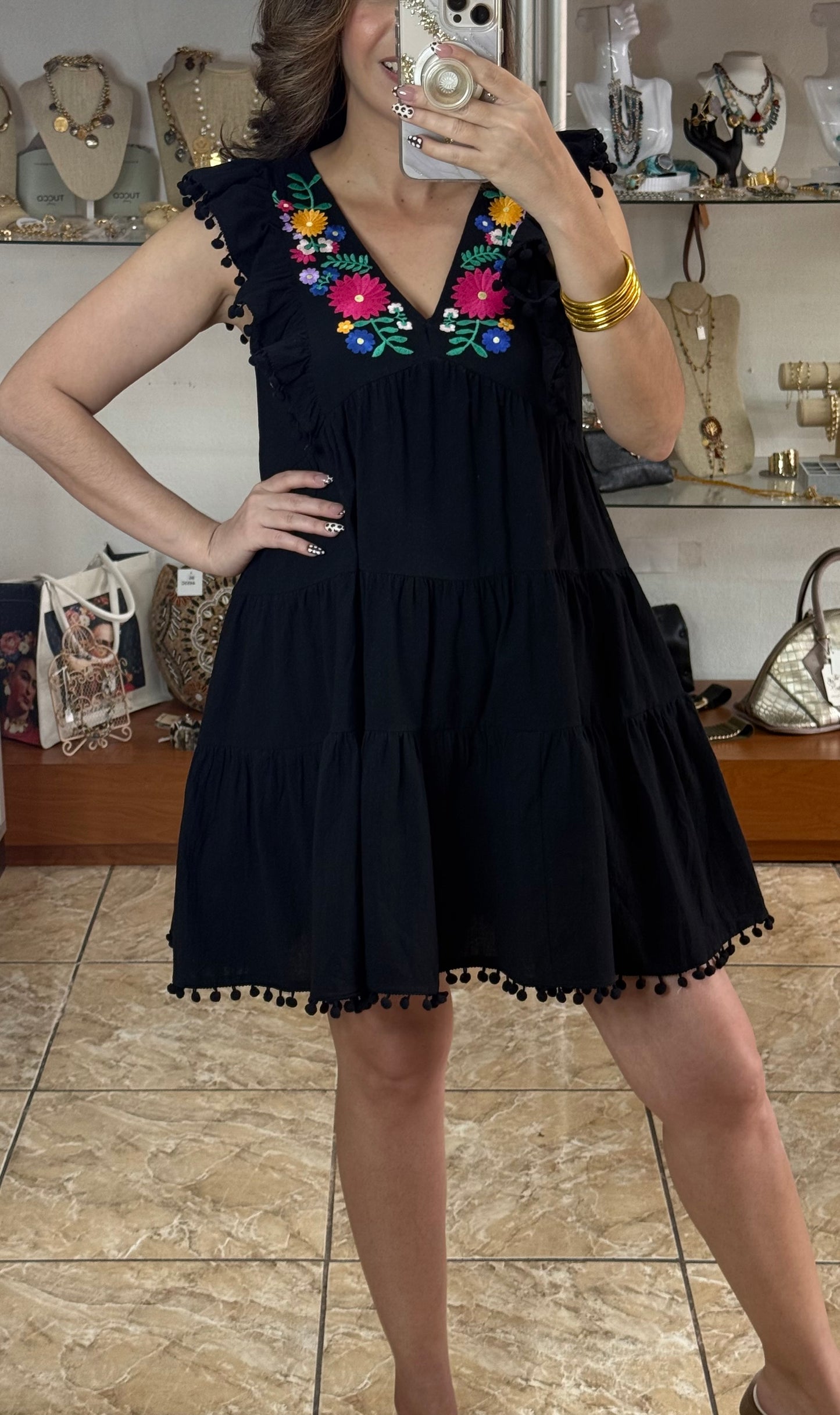 Black Floral Embroidered Doll Dress