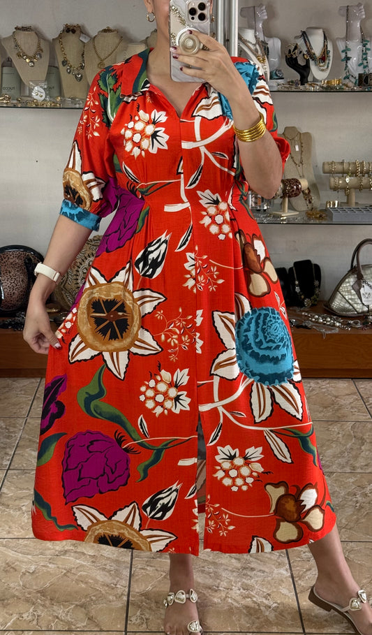 Orange Floral Midi Dress