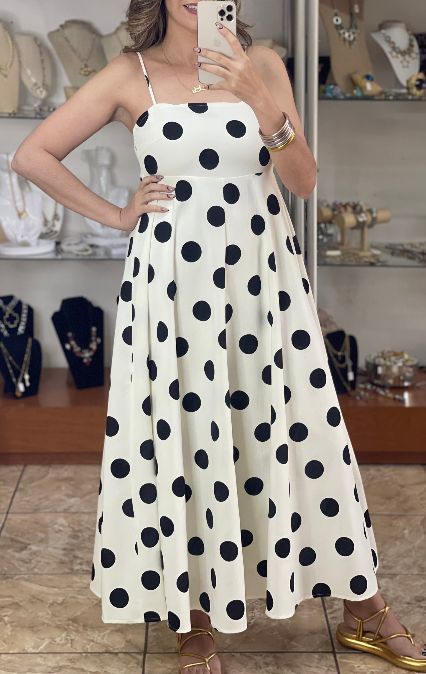 Ivory/Black Polkadot Maxi Dress