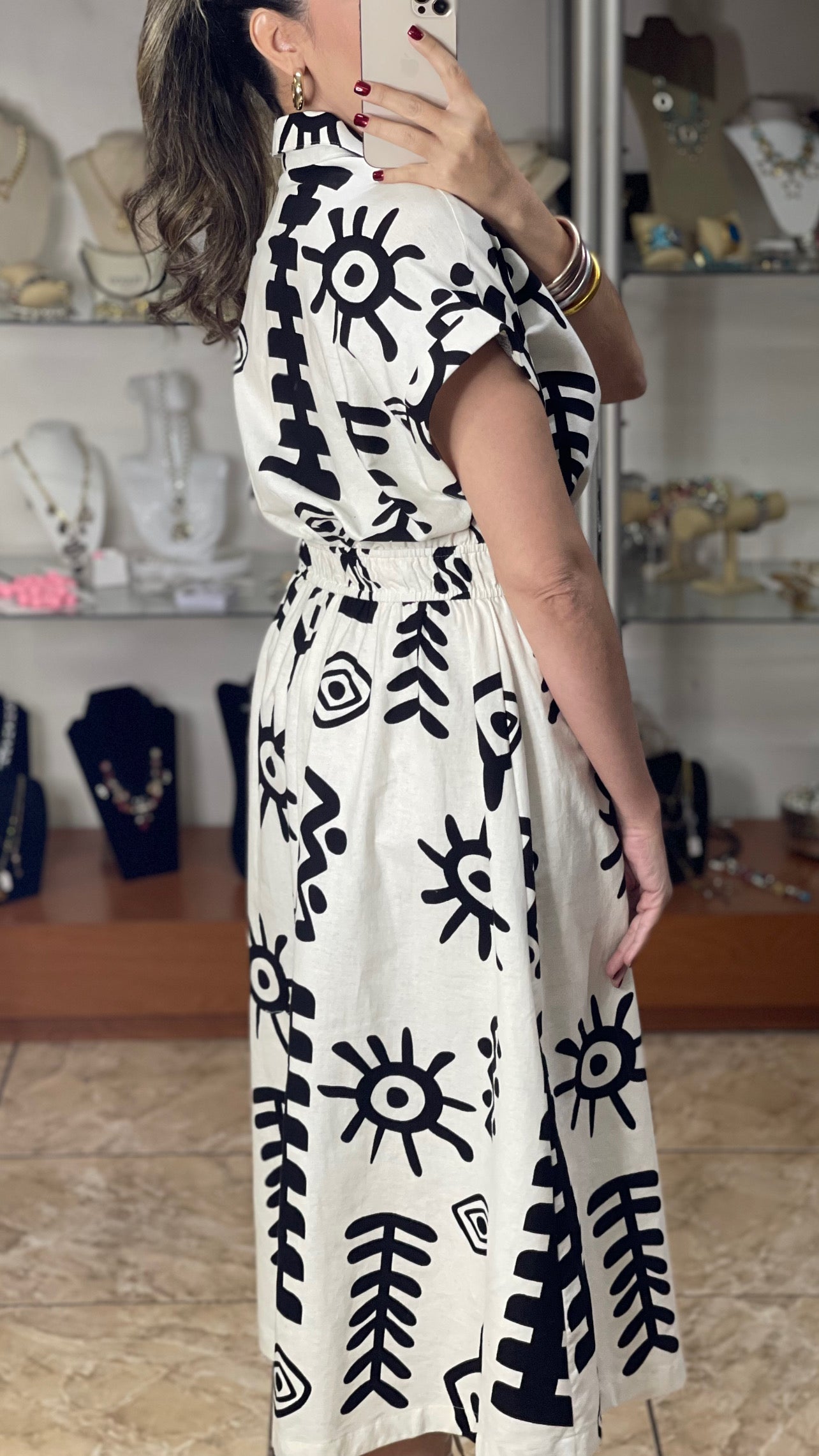 Cream/Black Abstract Print Midi Dress