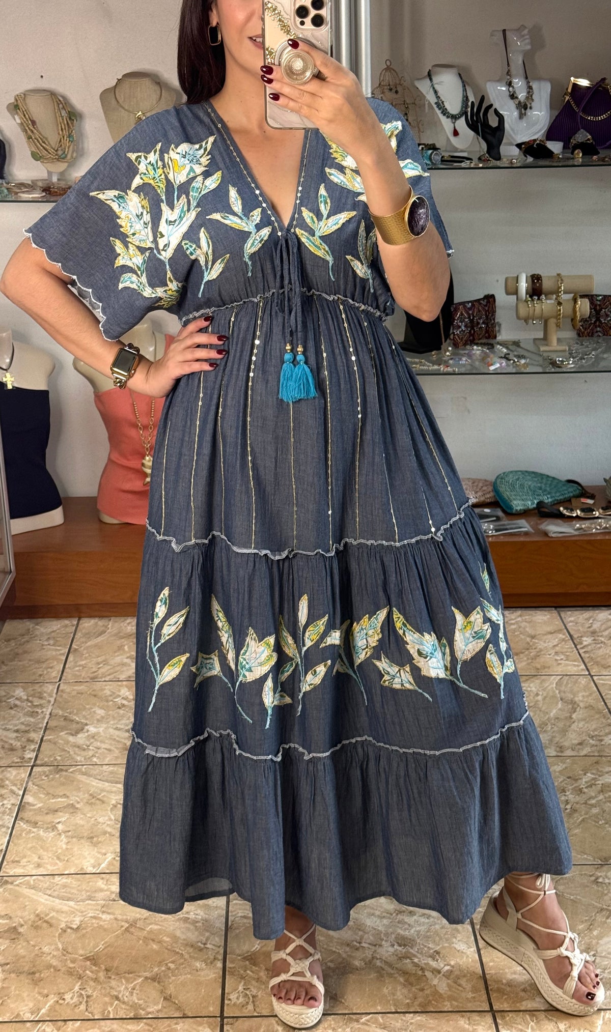 Embroidered Chambray Maxi Dress