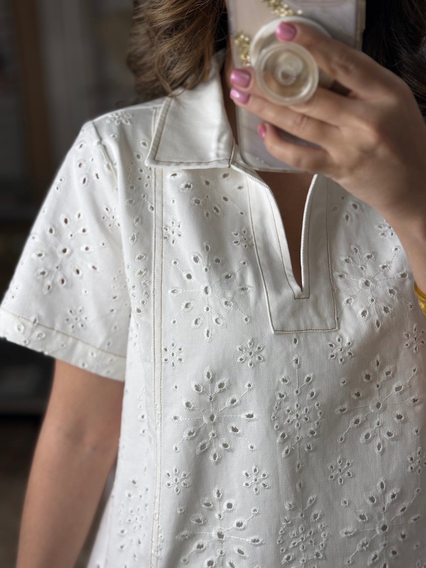 Cream Eyelet Details Denim Dress (FINAL SALE)