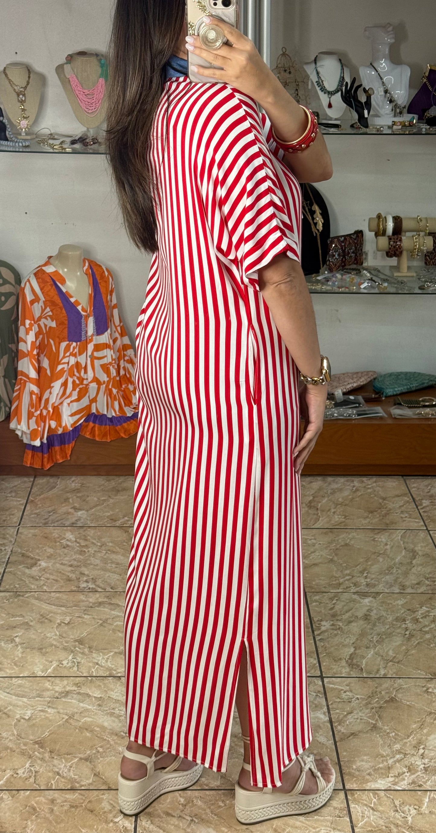 Red Stripes Button Down Maxi Dress