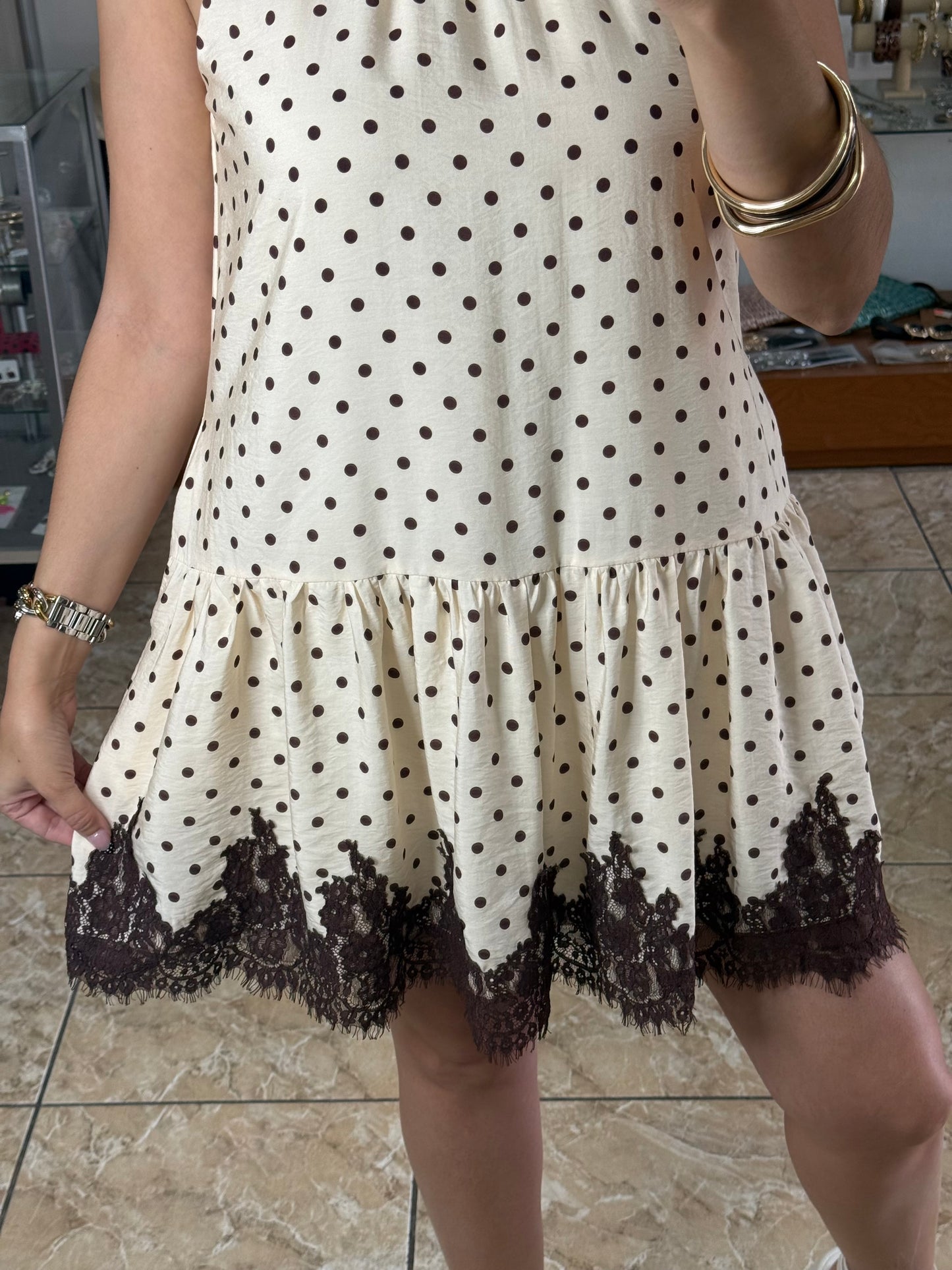 Ecru/Brown Polkadot Halter Mini Dress