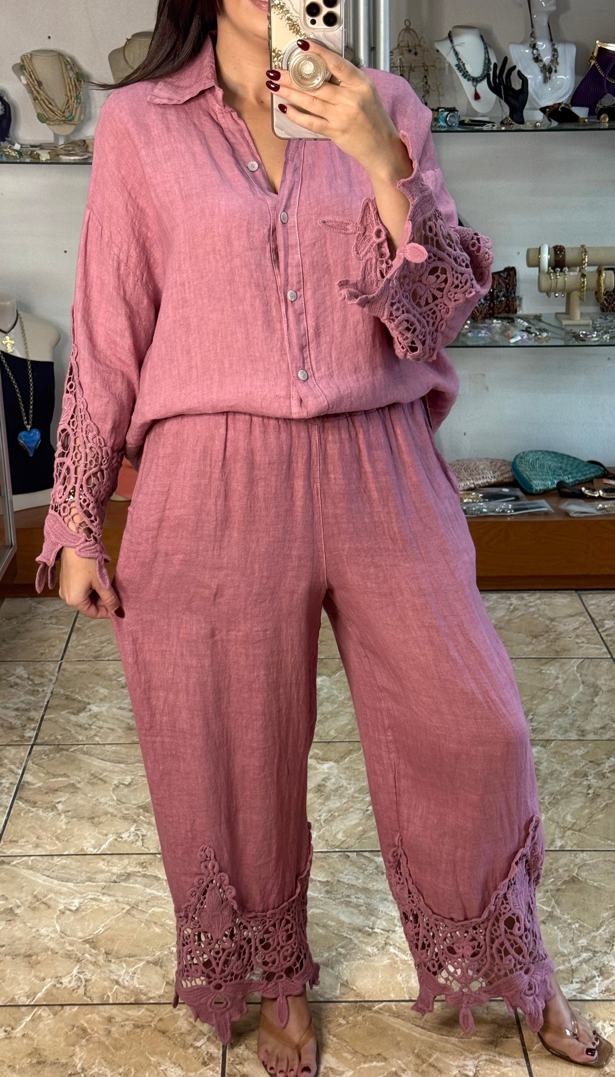 Aura Scalloped Lace/Linen Set (NO RETURNS OR EXCHANGE)