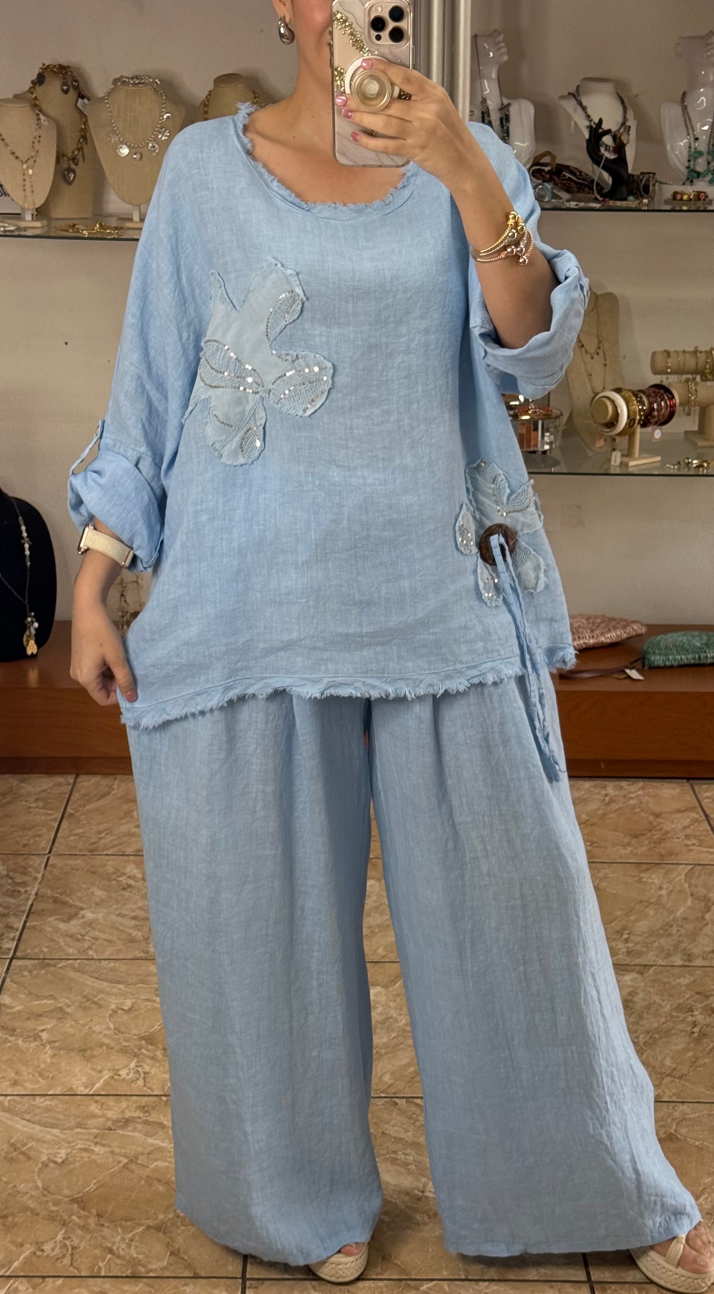 Flower Details OS Linen Pant Set (FINAL SALE)