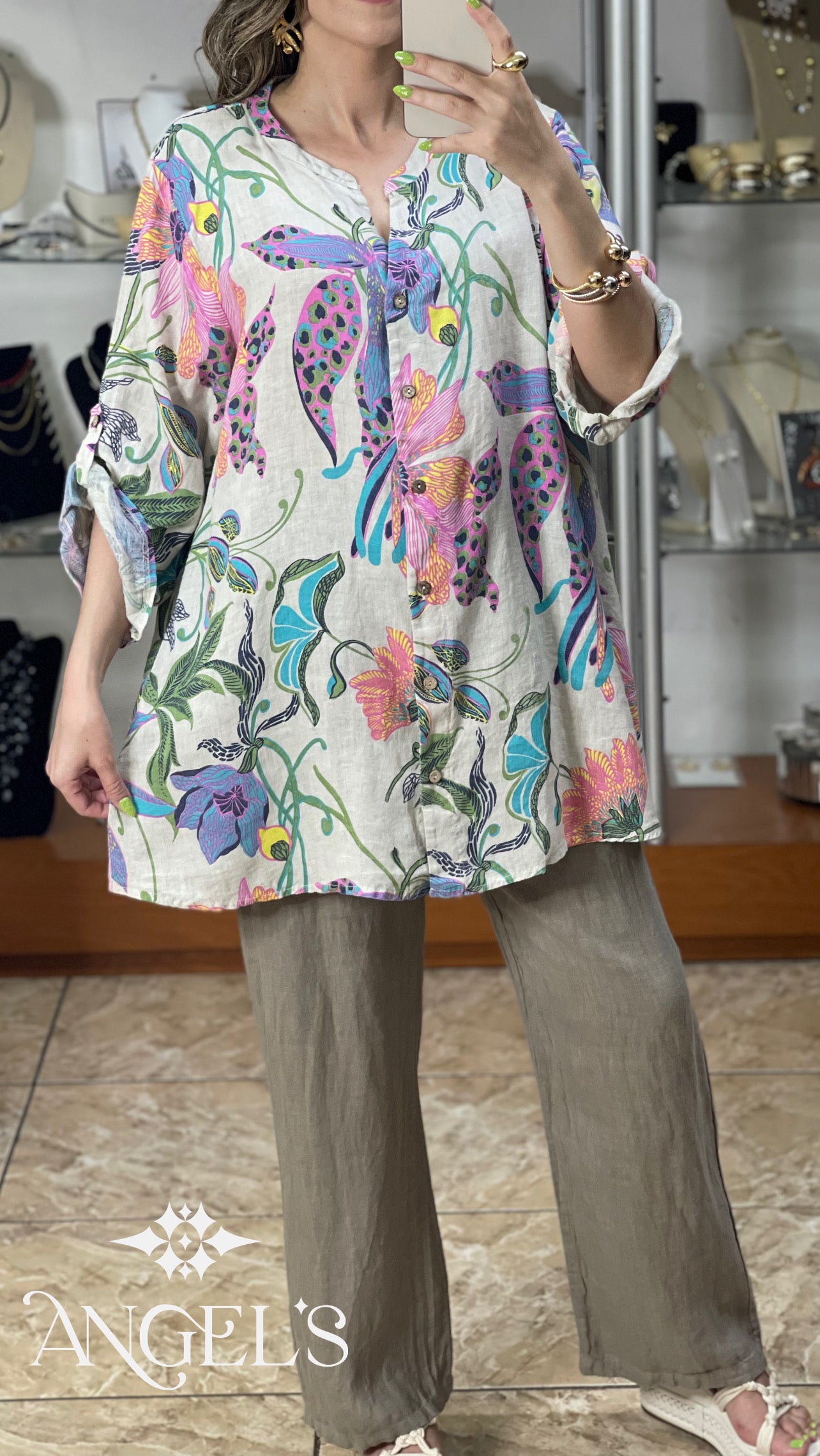 Floral Linen Tunic Top/Mini Dress