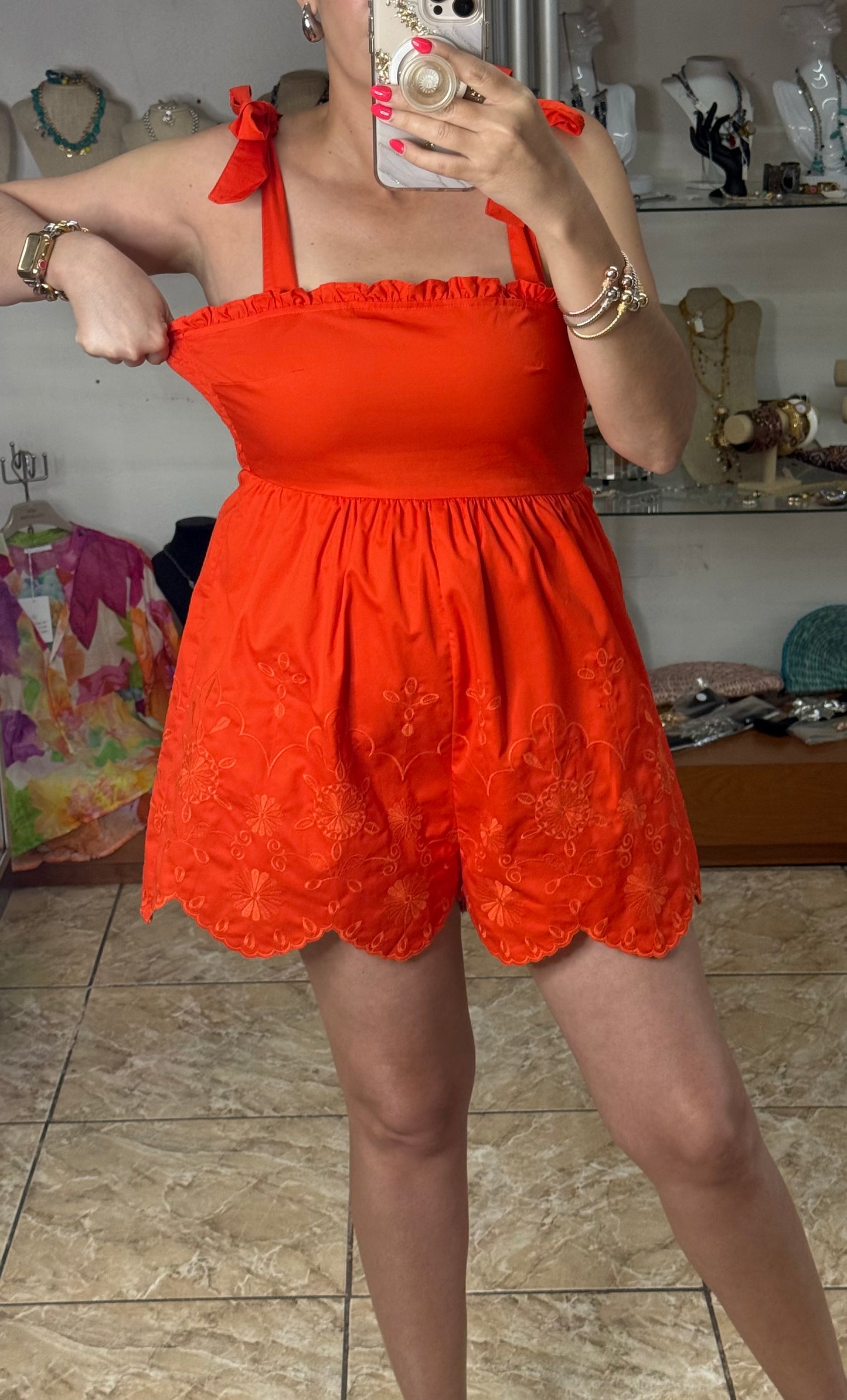 Tomato Red Embroidered Romper