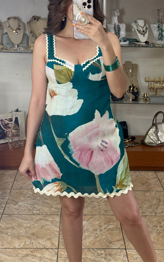 Teal Floral Open Back Mini Dress