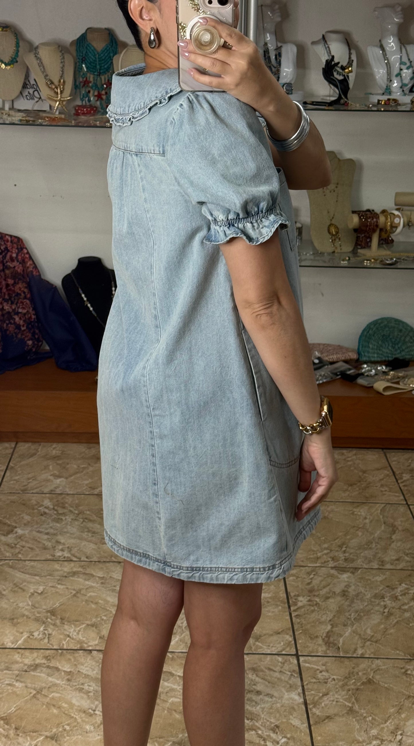 Peter Pan Neckline Denim Dress