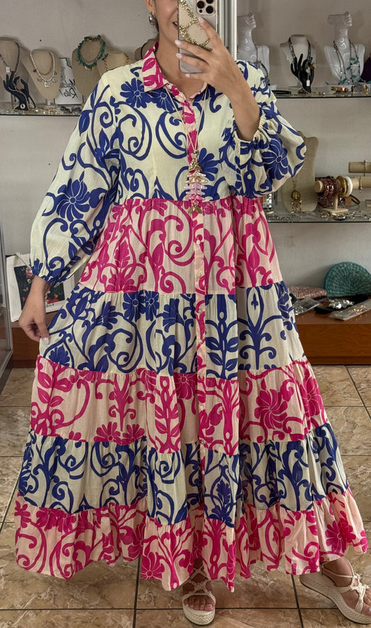 Blue/Pink Mix Button Down Maxi Dress