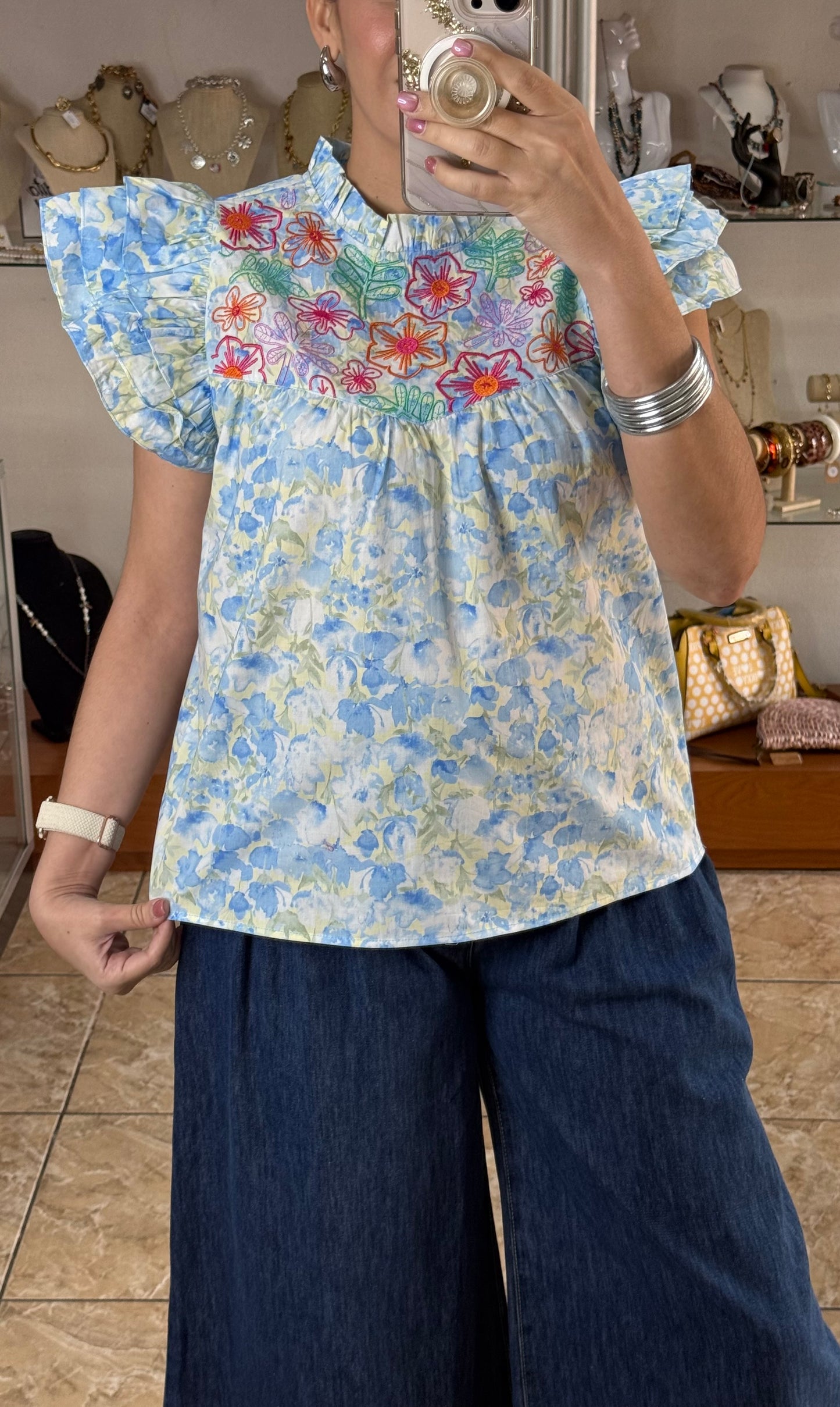 Blue Floral Embroidered Top