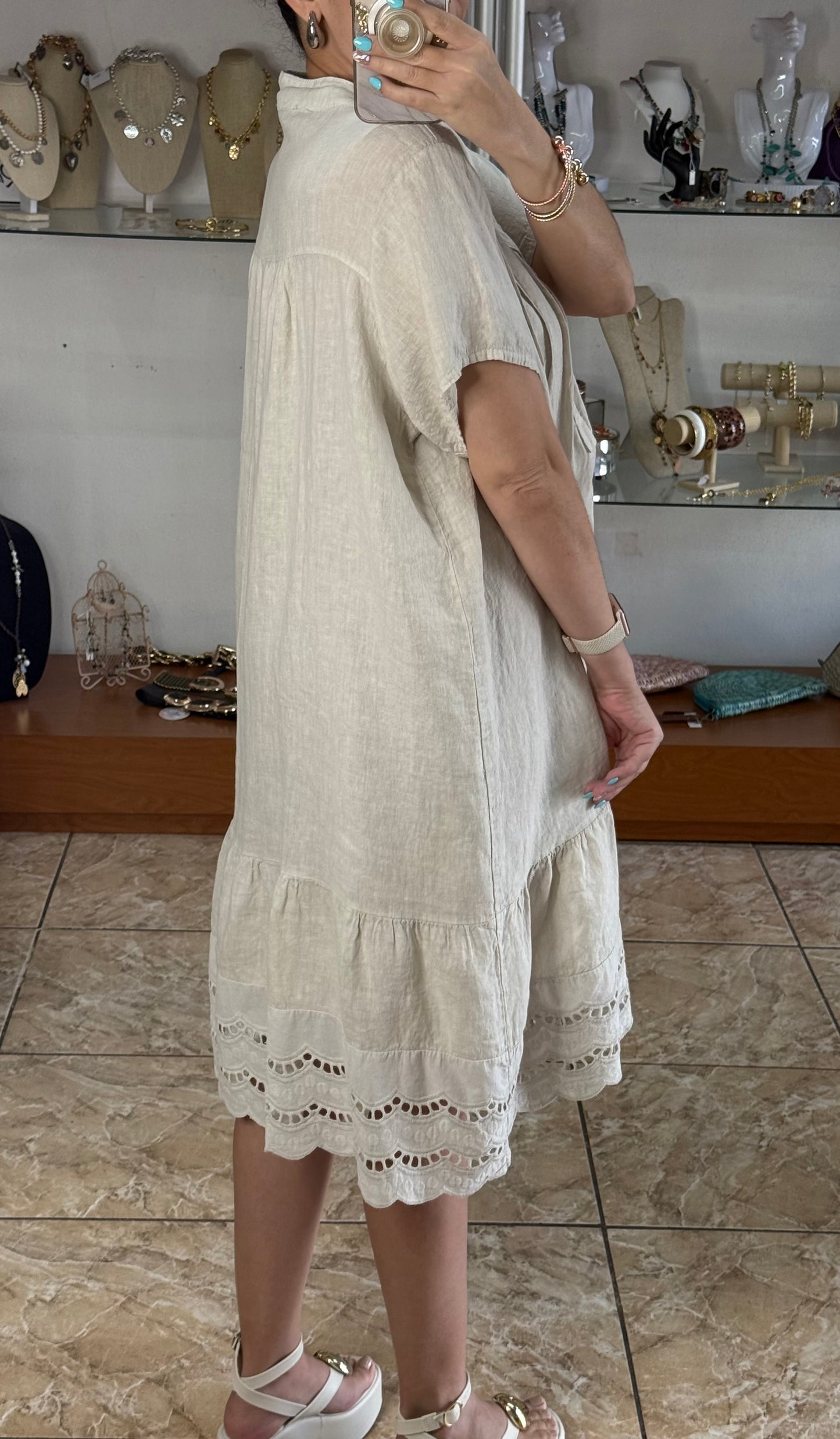 Eyelet Trim OS Linen Midi Dress (FINAL SALE)