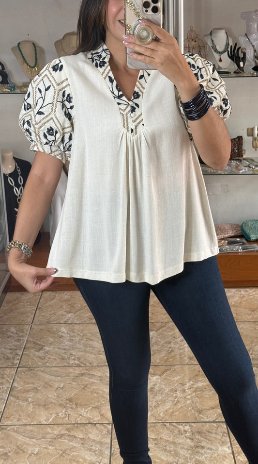 Embroidered Sleeves Cream Top