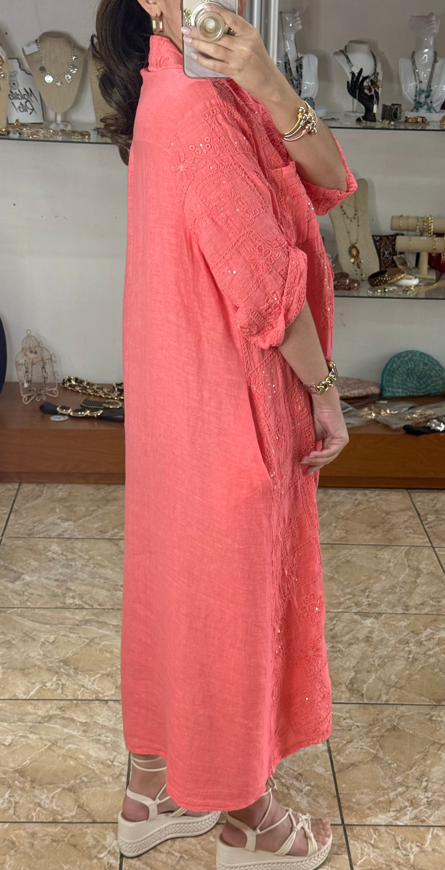 OS Sequins Embroidered Linen Maxi Dress (NO RETURNS OR EXCHANGE)