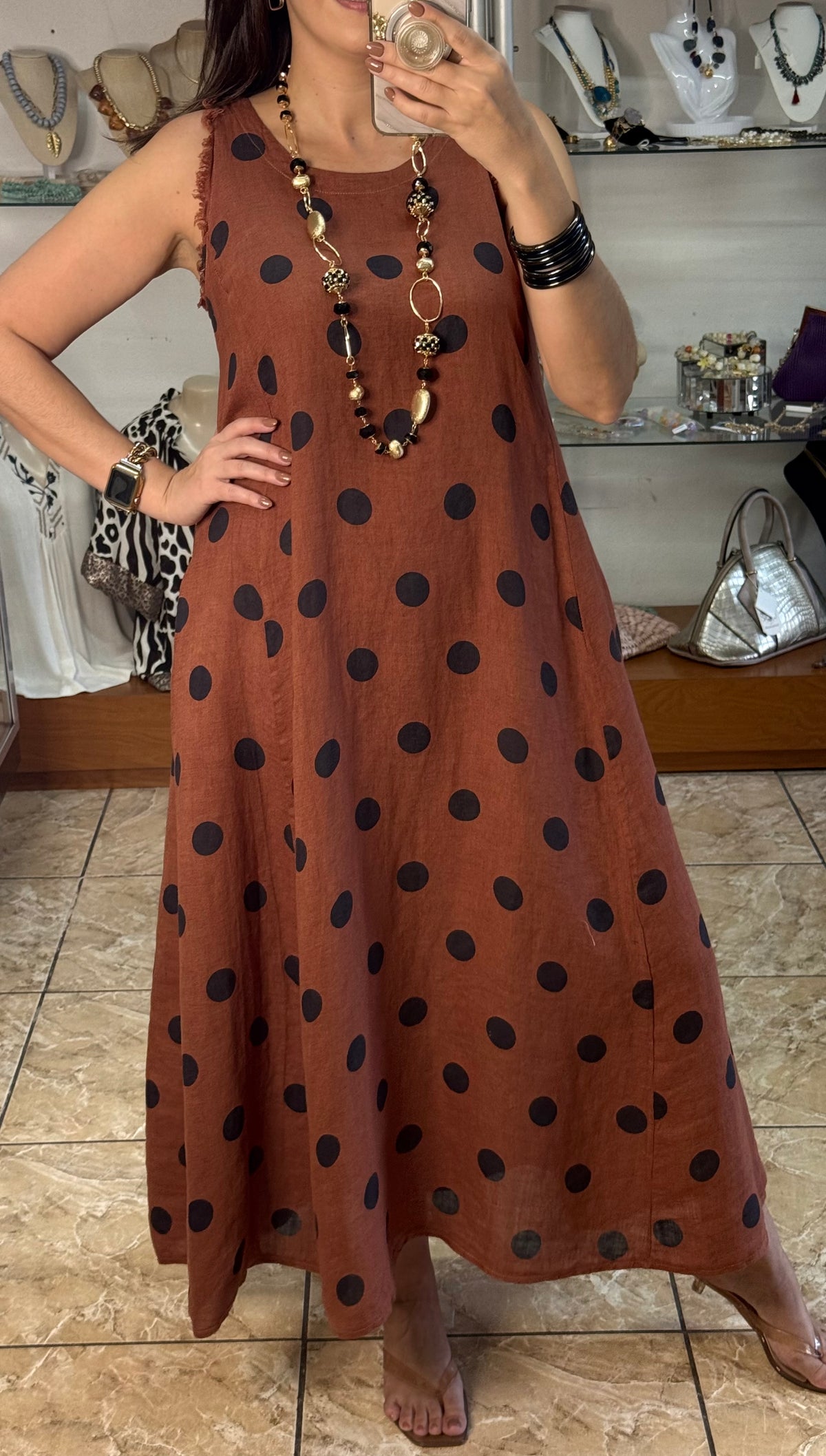 OS Linen Sleeveless Polka Dots Dress (NO RETURNS OR EXCHANGE)