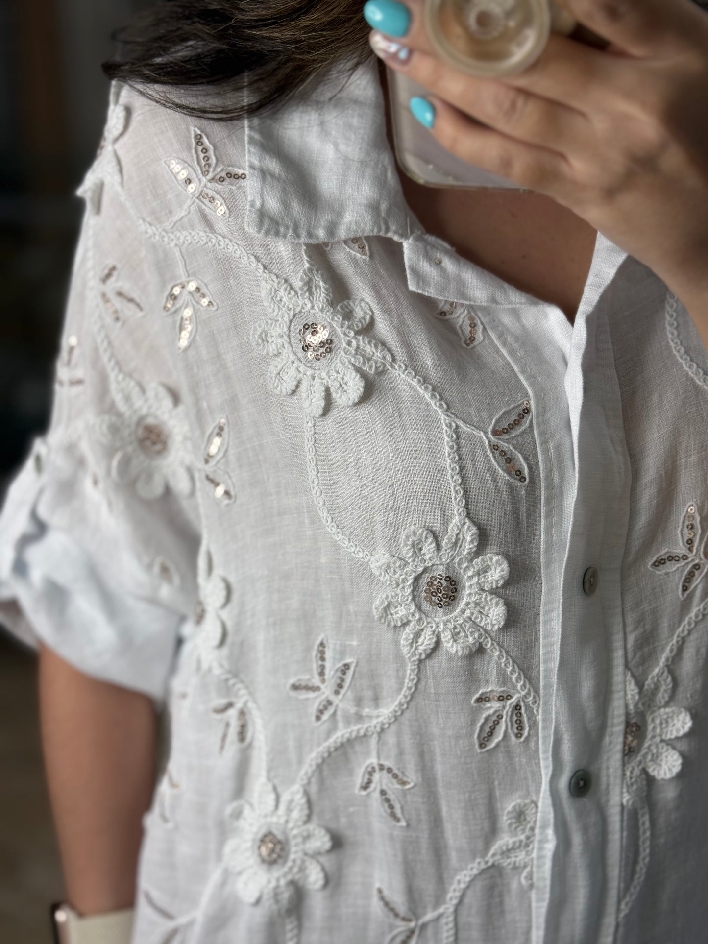 OS Embroidered/Sequins Linen Maxi Dress (NO RETURNS OR EXCHANGE)