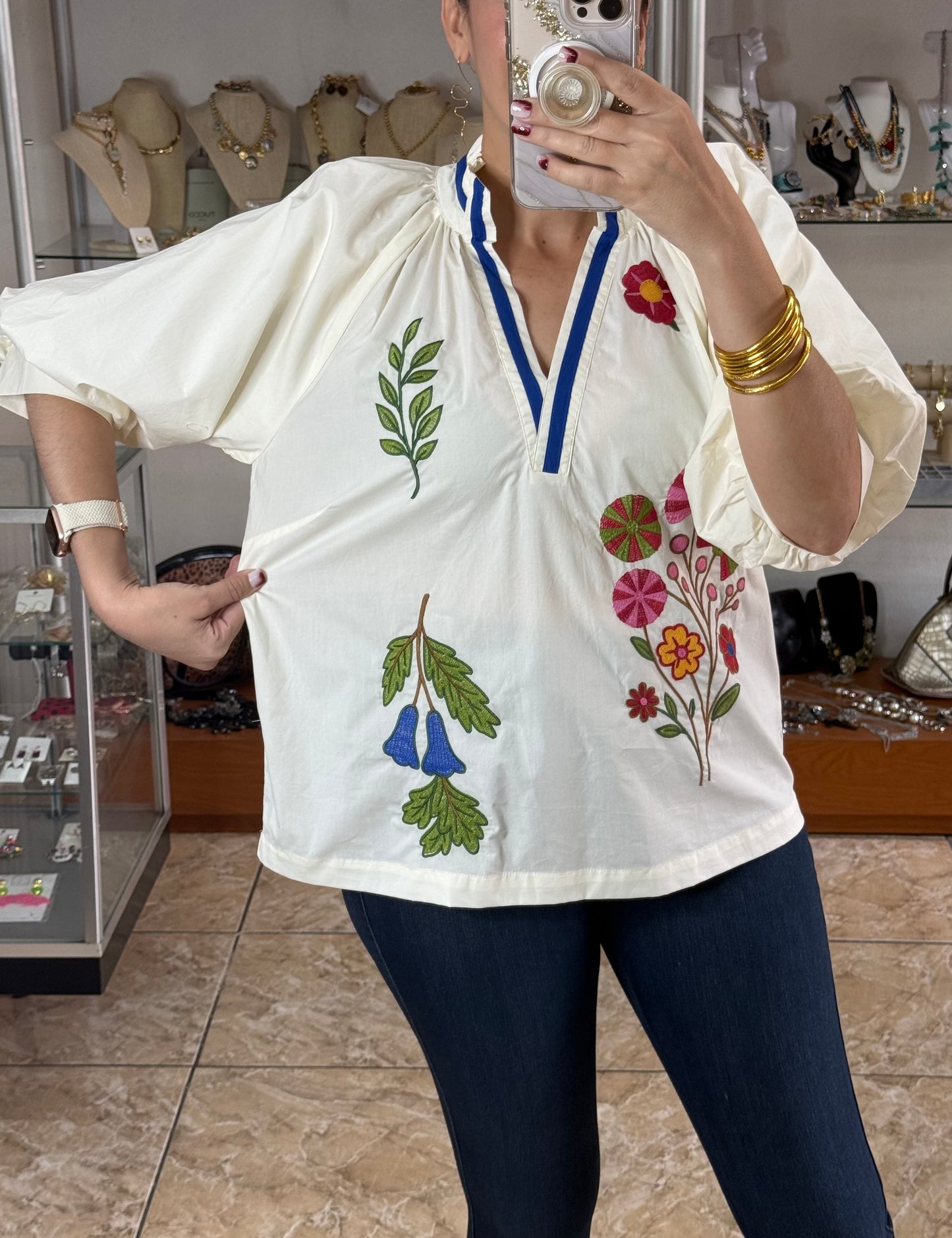 Cream Floral Embroidered Top