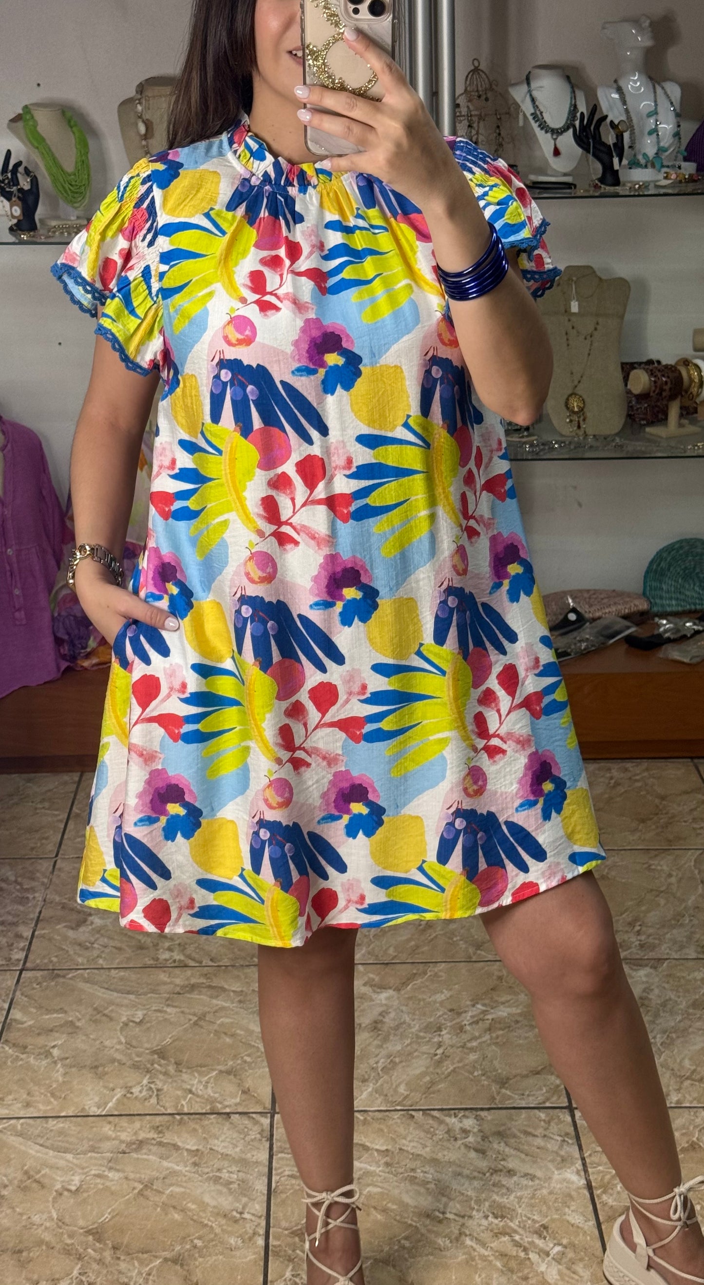 Blue Mix Flutter Sleeves Floral Dress