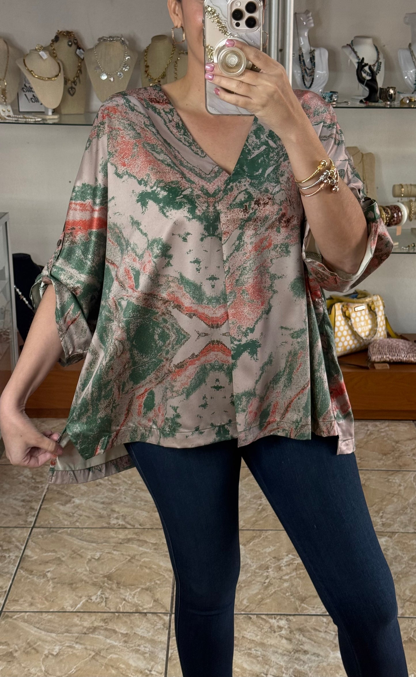 Taupe Marble Print Tunic Top