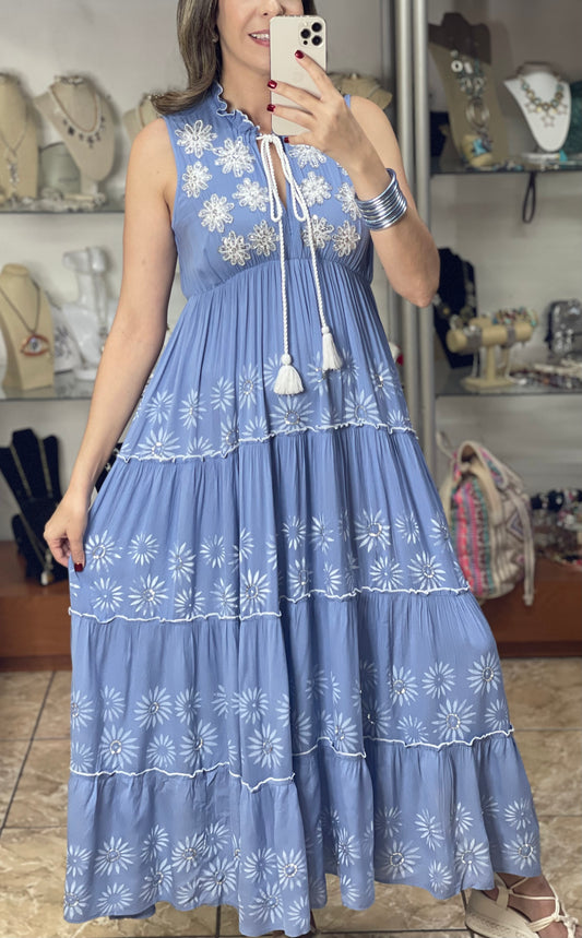 Blue Boho Maxi with Silver Sequins