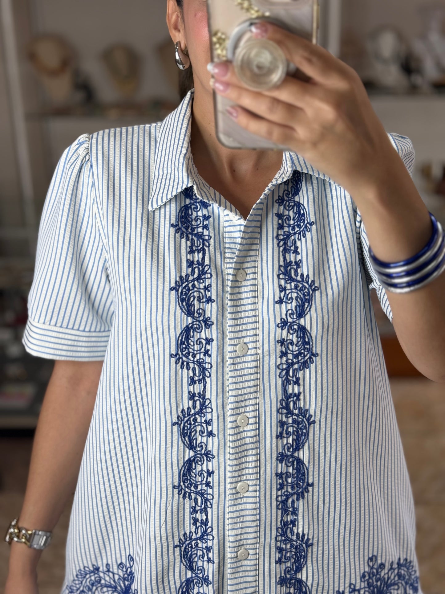 Blue Mix Stripes/Embroidered Dress
