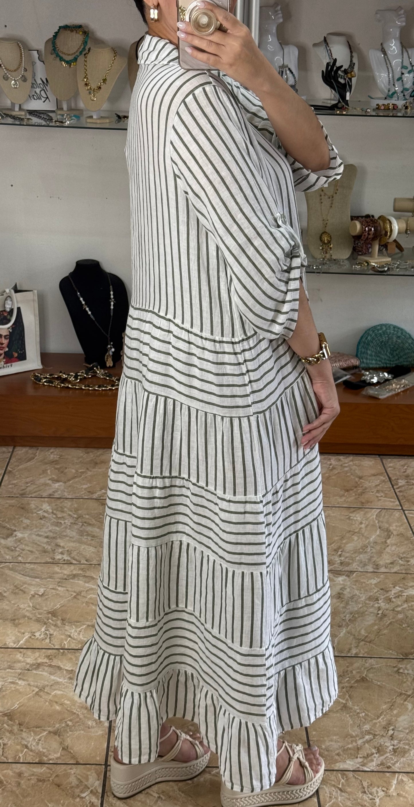 OS Linen Stripes Button Down Maxi Dress (NO RETURNS OR EXCHANGE)
