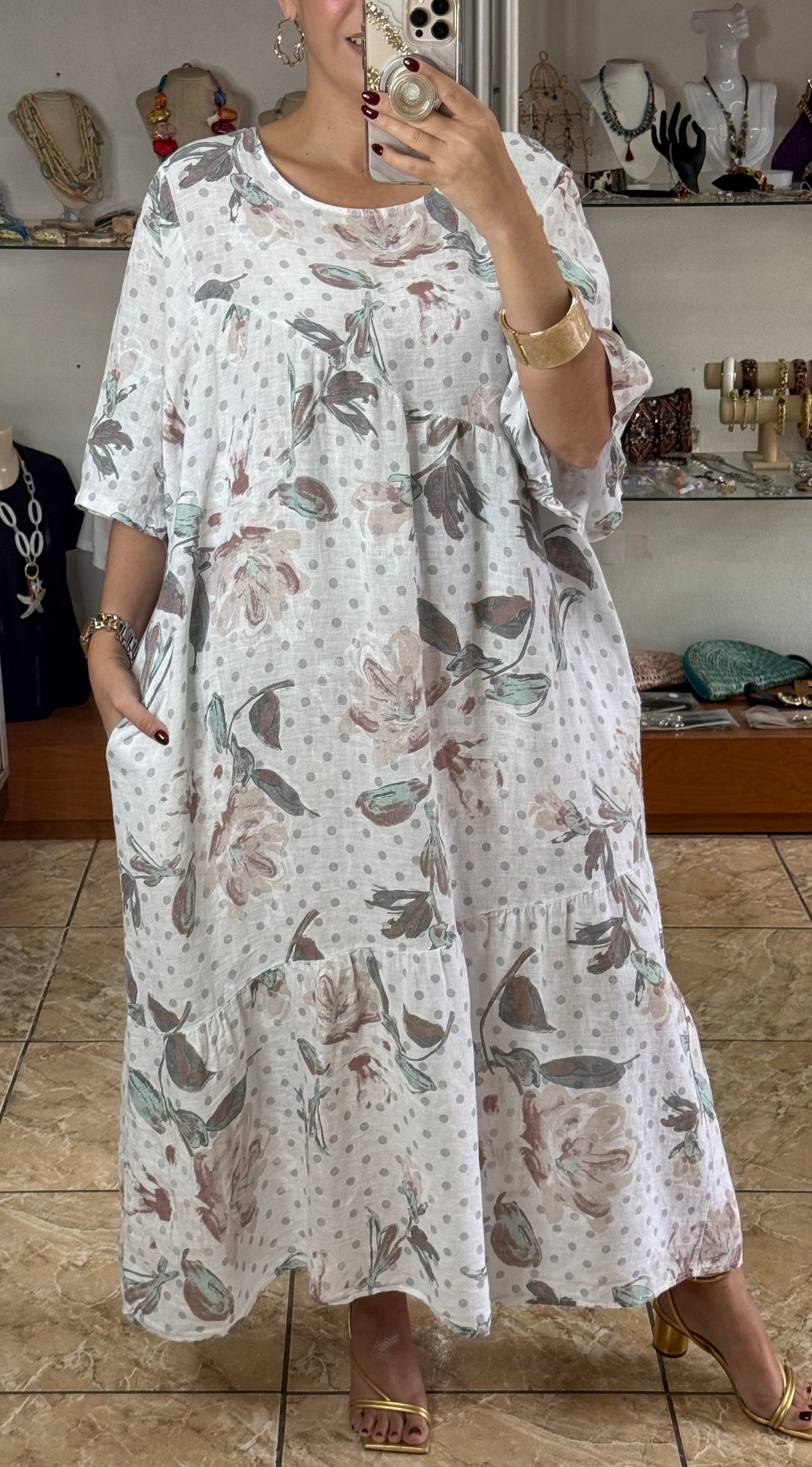 OS Floral/Polkadots Linen Dress (NO RETURNS OR EXCHANGE)