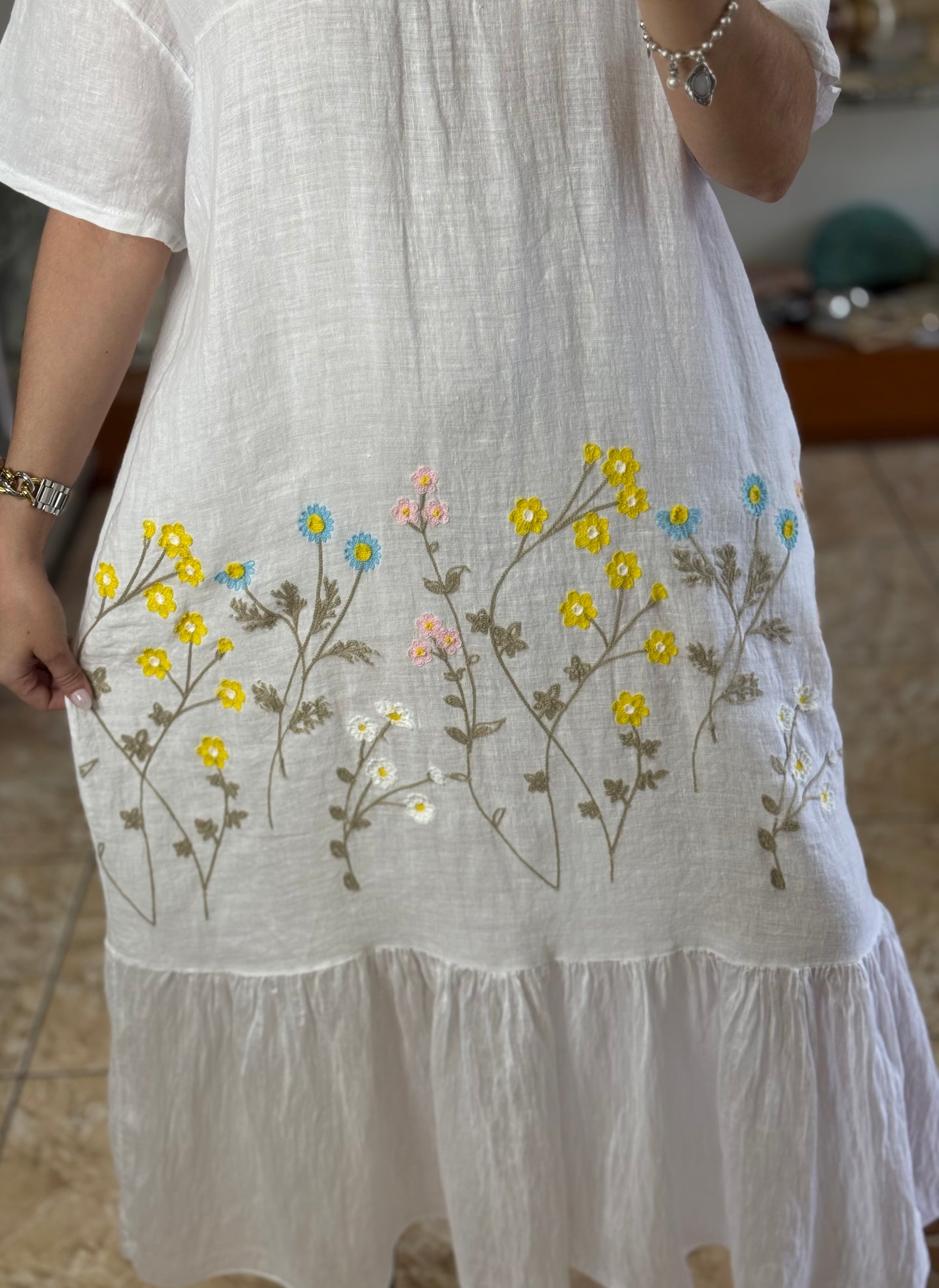 Floral Embroidered OS Linen Dress (NO RETURNS OR EXCHANGE)