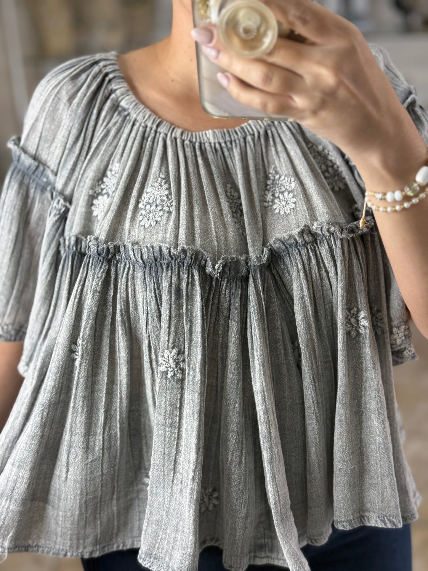 Gray Off Shoulder Floral Embroidered Top