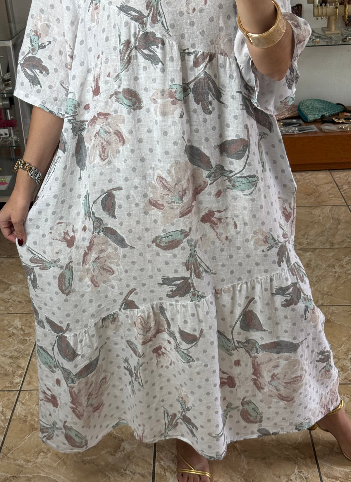 OS Floral/Polkadots Linen Dress (NO RETURNS OR EXCHANGE)