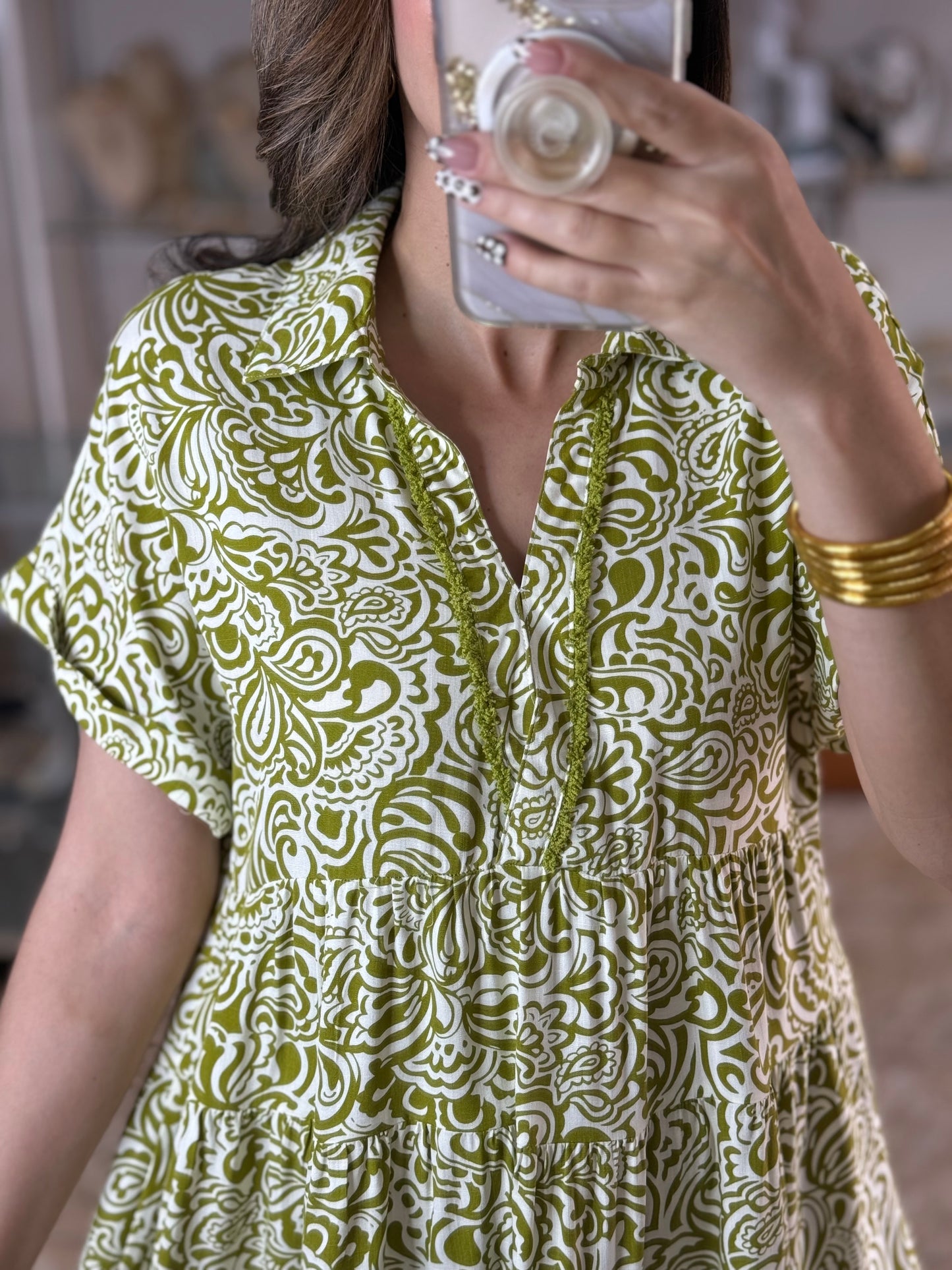 Avocado Green Printed Mini Dress