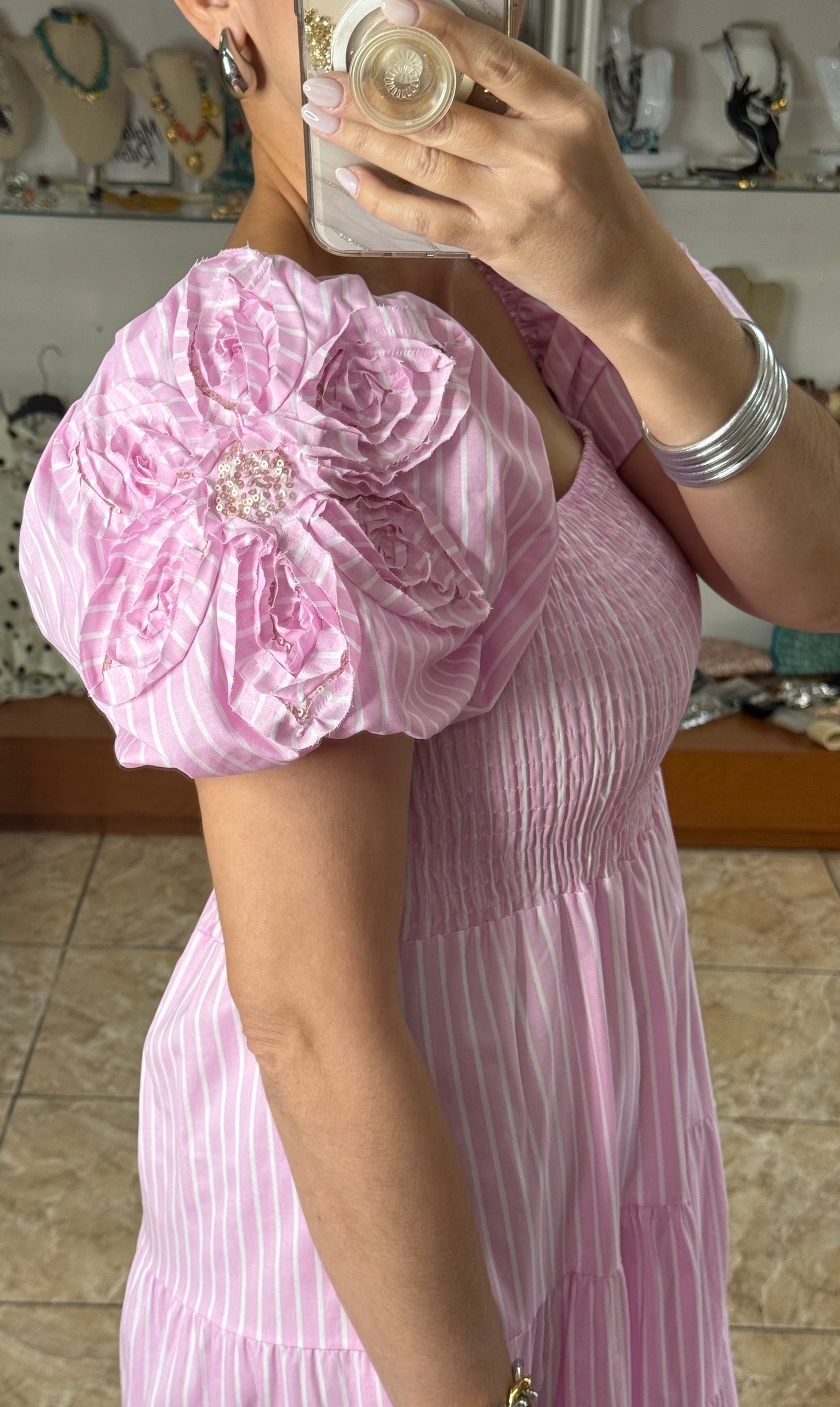 Puff Sleeves Striped OS Maxi Dress (NO RETURNS OR EXCHANGE)